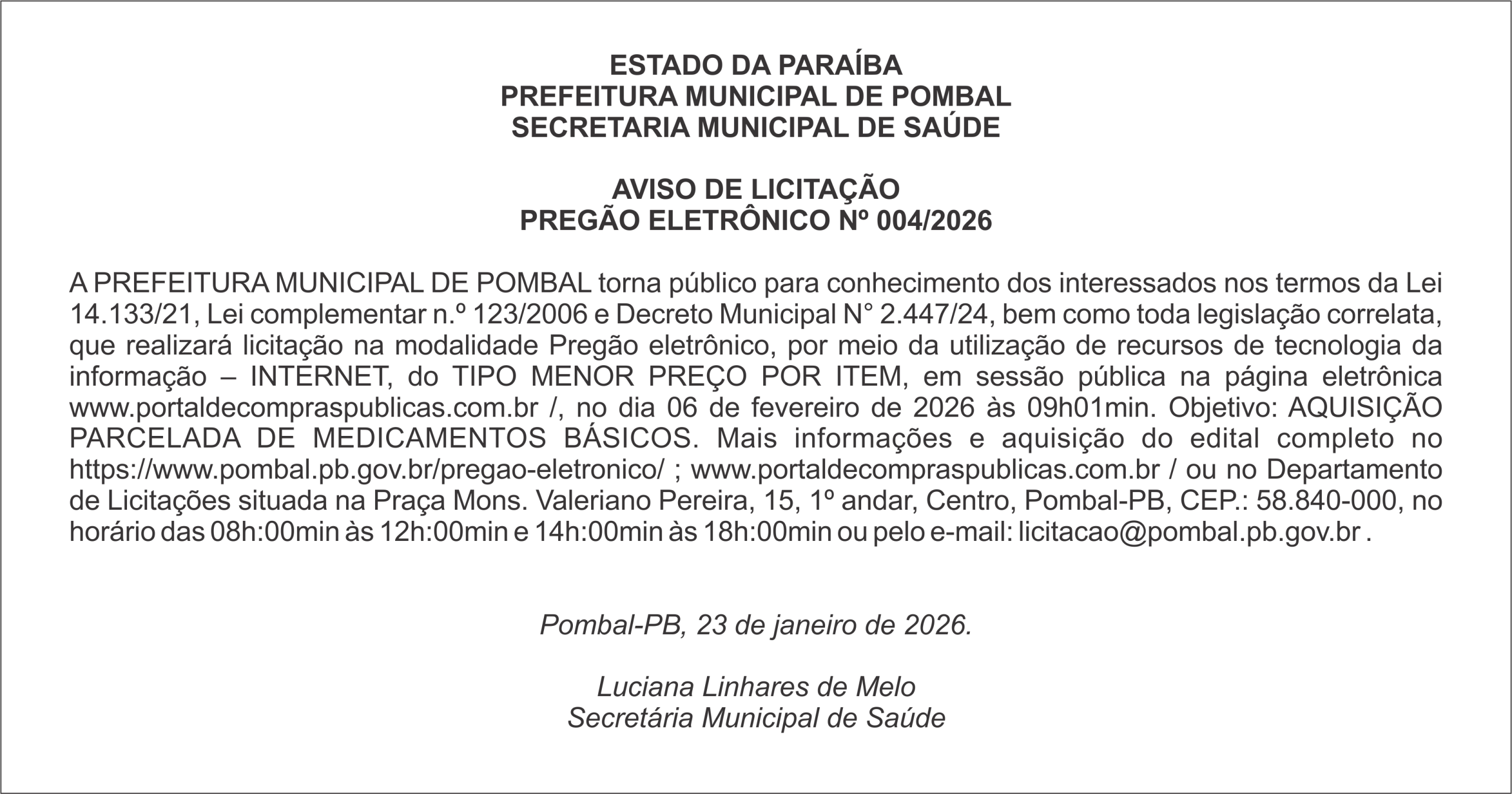 PREFEITURA MUNICIPAL DE POMBAL – AVISO DE LICITAÇÃO – PREGÃO ELETRÔNICO Nº 004/2026
