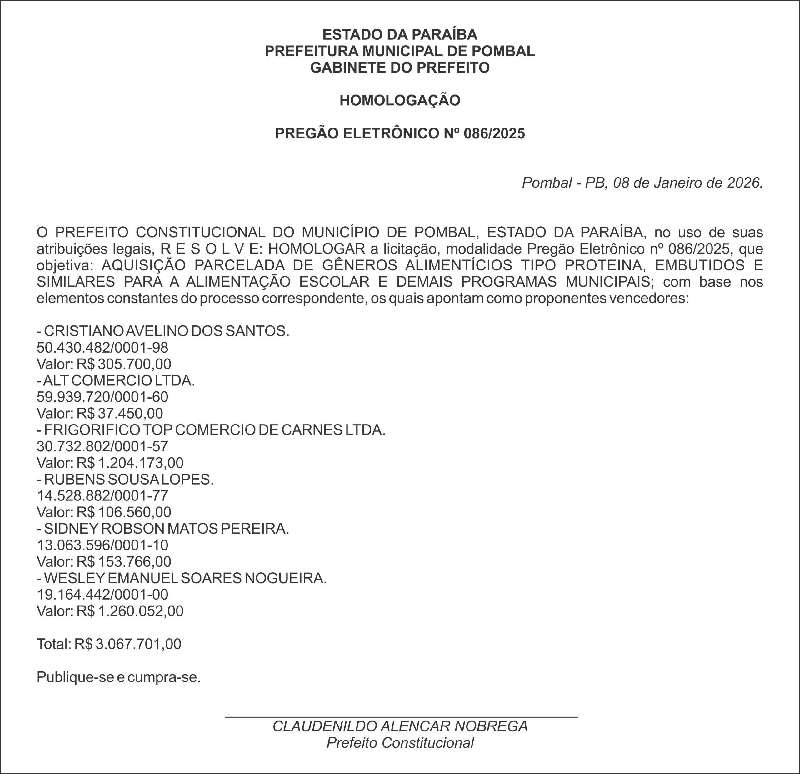 PREFEITURA MUNICIPAL DE POMBAL – HOMOLOGAÇÃO – PREGÃO ELETRÔNICO Nº 086/2025