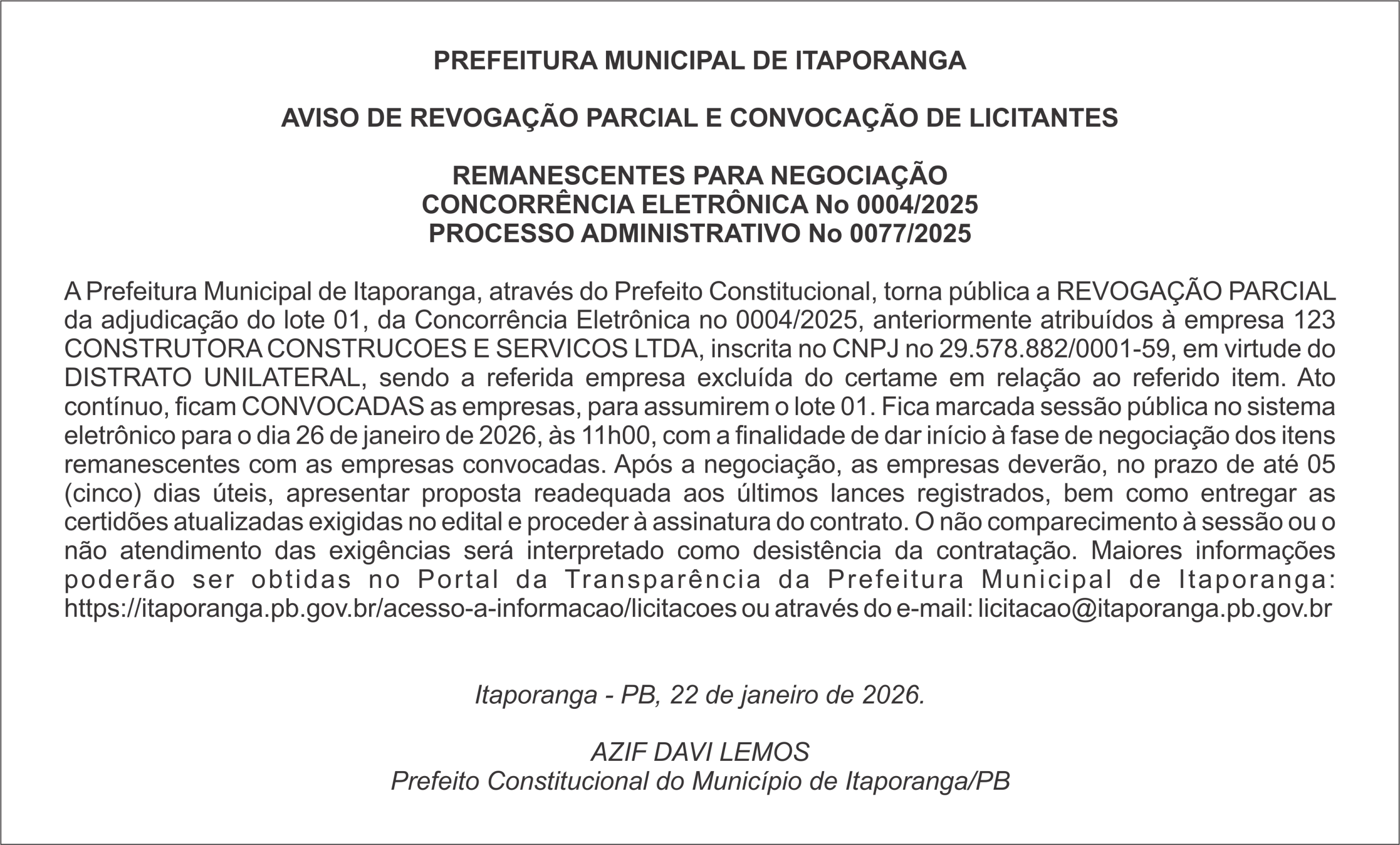 PREFEITURA DE ITAPORANGA – AVISO DE REVOGAÇÃO PARCIAL E CONVOCAÇÃO DE LICITANTES REMANESCENTES PARA NEGOCIAÇÃO