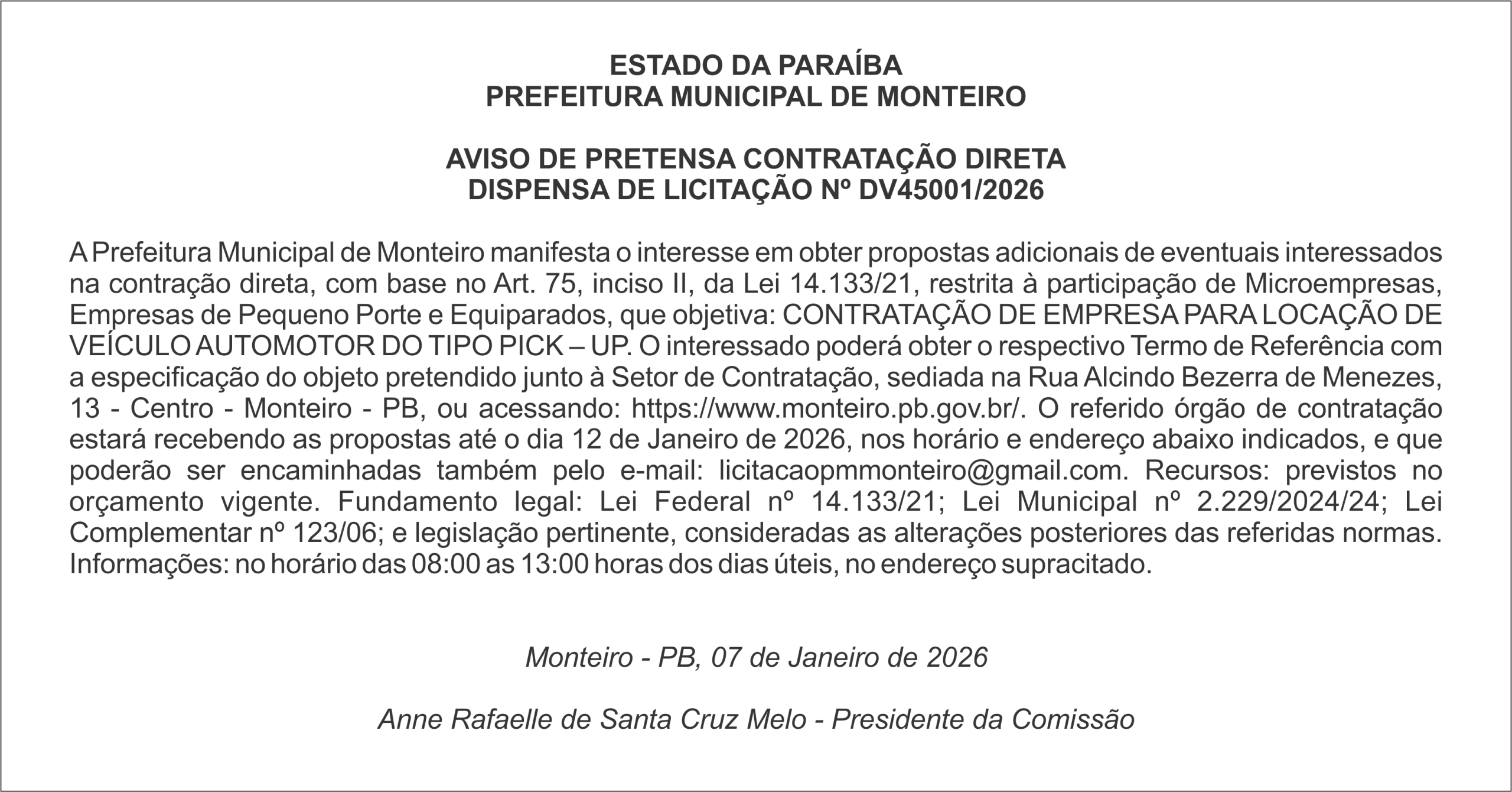PREFEITURA MUNICIPAL DE MONTEIRO – AVISO DE PRETENSA CONTRATAÇÃO DIRETA – DISPENSA DE LICITAÇÃO Nº DV45001/2026