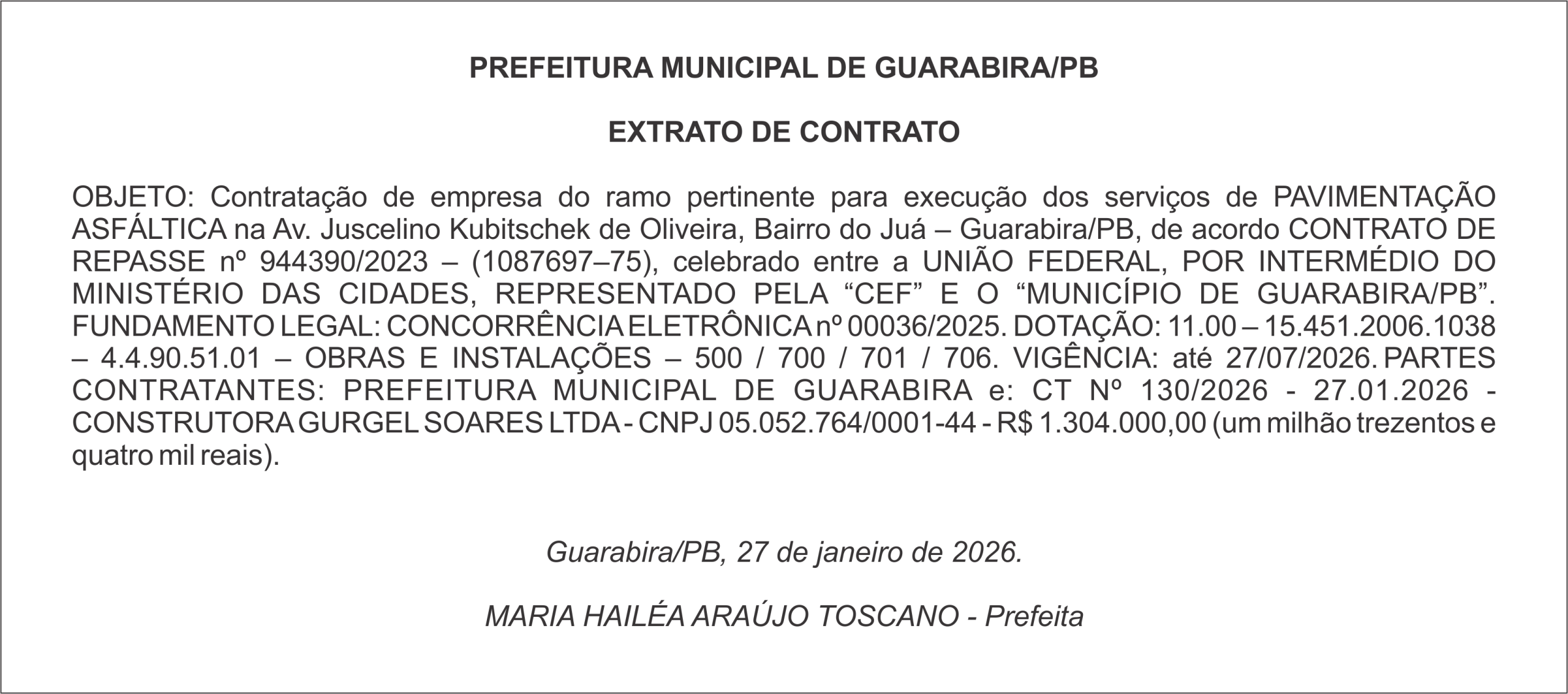PREFEITURA MUNICIPAL DE GUARABIRA/PB – EXTRATO DE CONTRATO