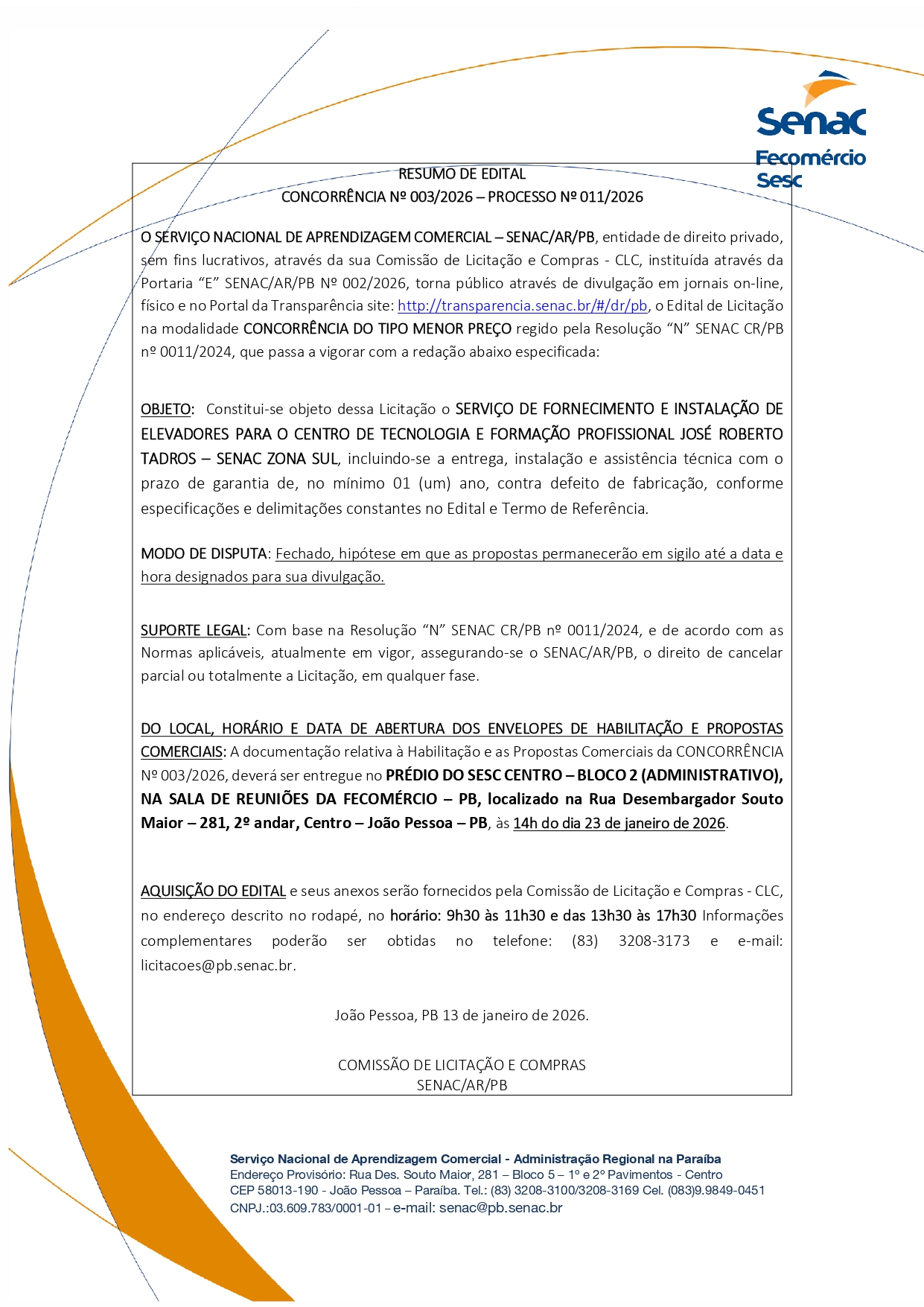 SENAC – RESUMO DE EDITAL – CONCORRÊNCIA No 003/2026 – PROCESSO No 011/2026