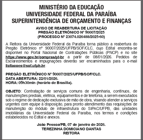 UNIVERSIDADE FEDERAL DA PARAIBA – REABERTURA DE LICITAÇÃO PREGÃO ELETRÔNICO No 90007/2025