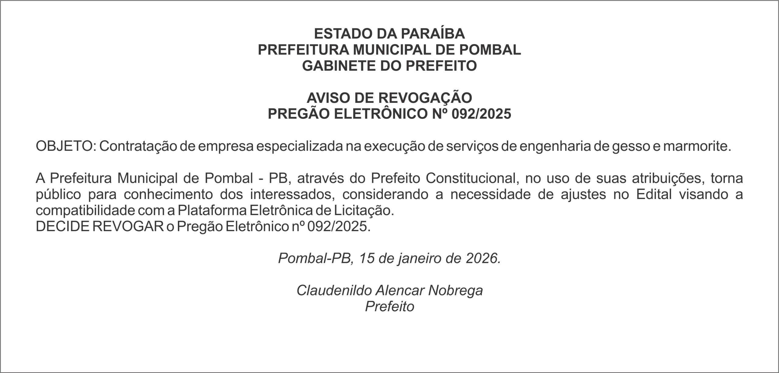 PREFEITURA MUNICIPAL DE POMBAL – AVISO DE REVOGAÇÃO – PREGÃO ELETRÔNICO Nº 092/2025