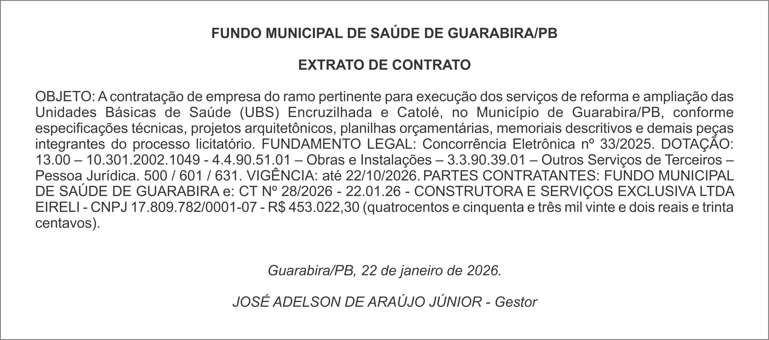 FUNDO MUNICIPAL DE SAÚDE DE GUARABIRA/PB – EXTRATO DE CONTRATO