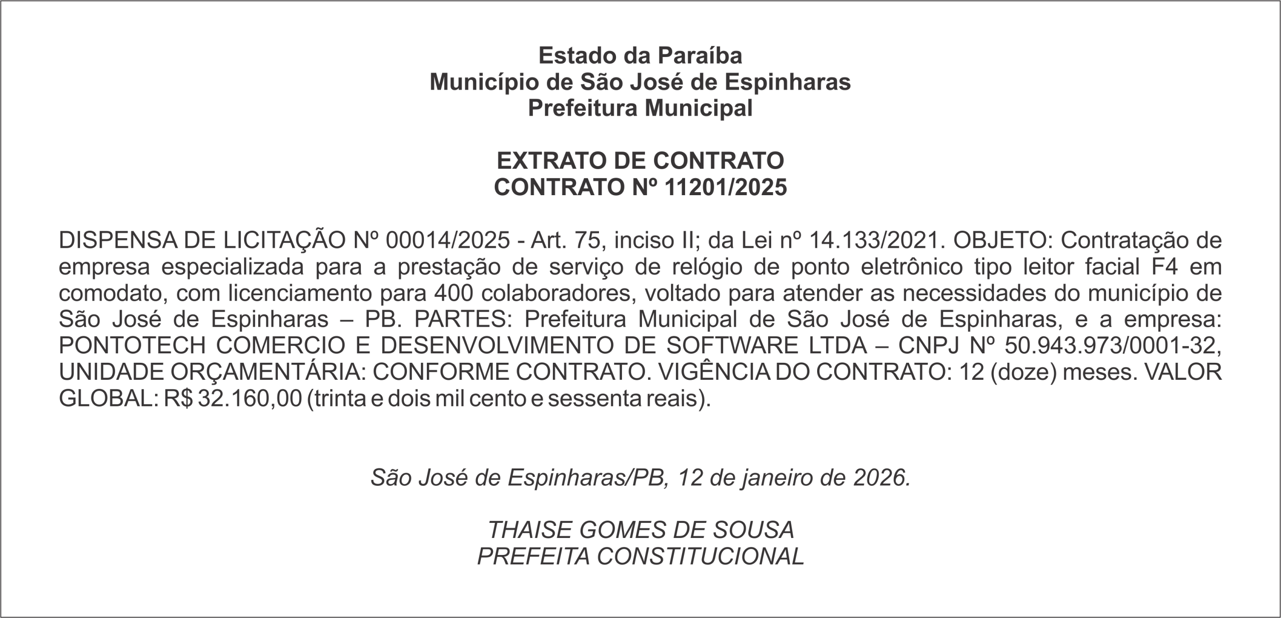 PREFEITURA DE SÃO  JOSÉ DE ESPINHARAS – EXTRATO DE CONTRATO – CONTRATO Nº 11201/2025