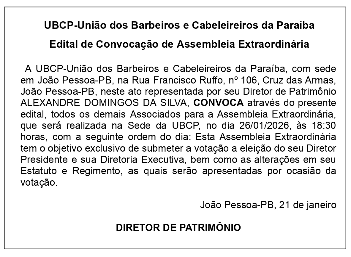 UBCP-União dos Barbeiros e Cabeleireiros da Paraíba – Edital de Convocação de Assembleia Extraordinária