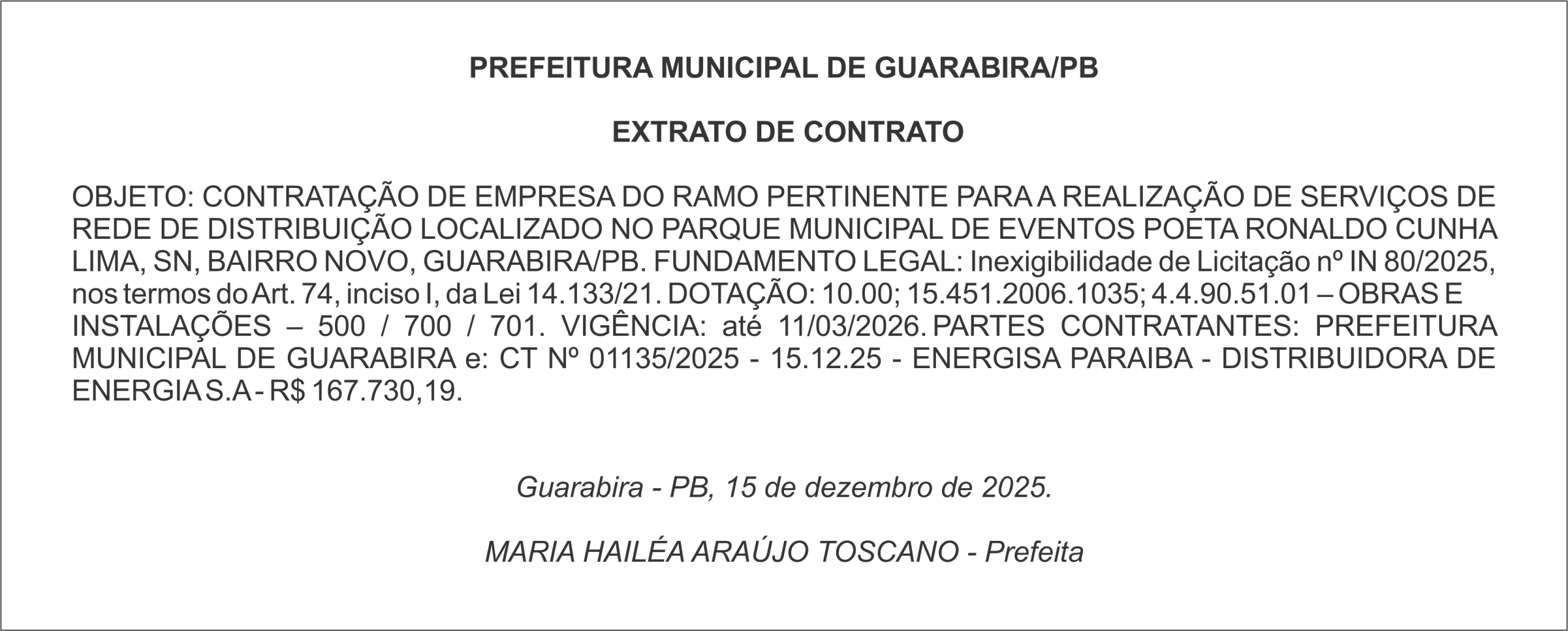 PREFEITURA MUNICIPAL DE GUARABIRA/PB – EXTRATO DE CONTRATO