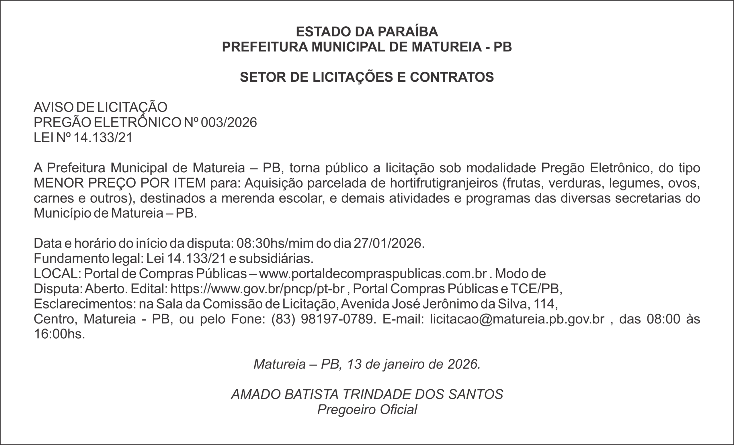 PREFEITURA MUNICIPAL DE MATUREIA – PB – AVISO DE LICITAÇÃO – PREGÃO ELETRÔNICO Nº 003/2026