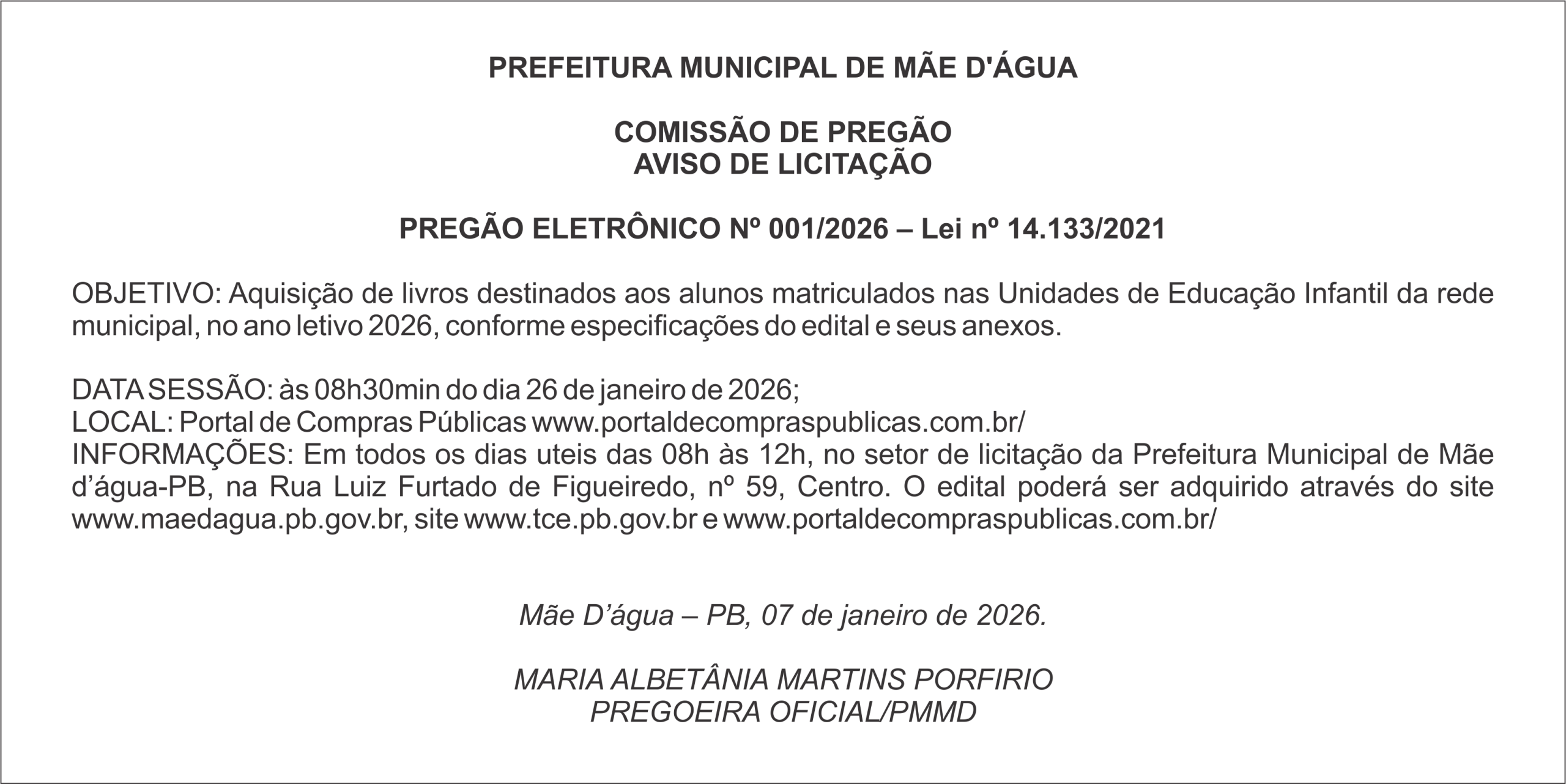 PREFEITURA DE MÃE D’ÁGUA – AVISO DE LICITAÇÃO – PREGÃO ELETRÔNICO Nº 001/2026