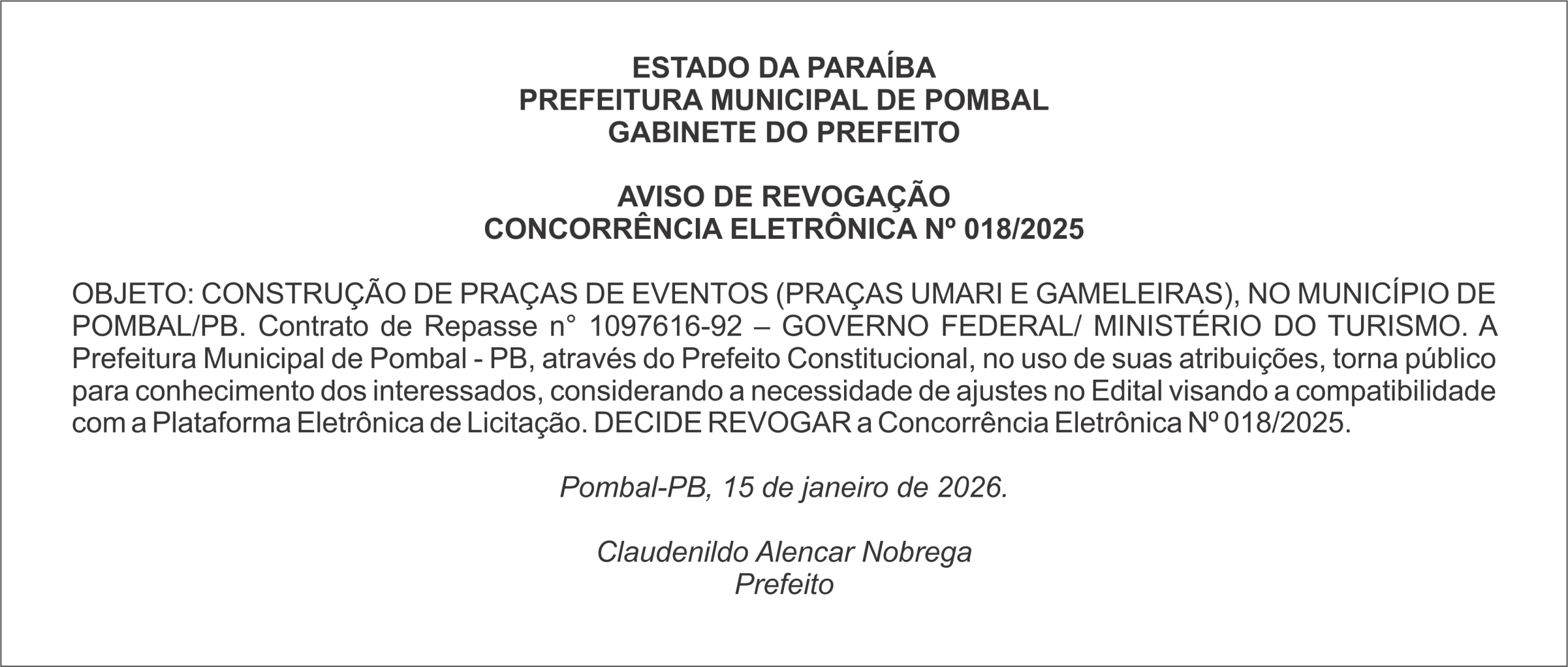 PREFEITURA MUNICIPAL DE POMBAL – AVISO DE REVOGAÇÃO – CONCORRÊNCIA ELETRÔNICA Nº 018/2025