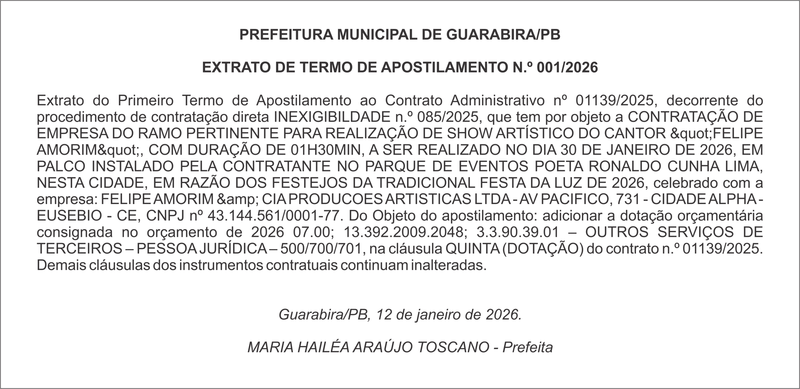 PREFEITURA MUNICIPAL DE GUARABIRA/PB – EXTRATO DE TERMO DE APOSTILAMENTO