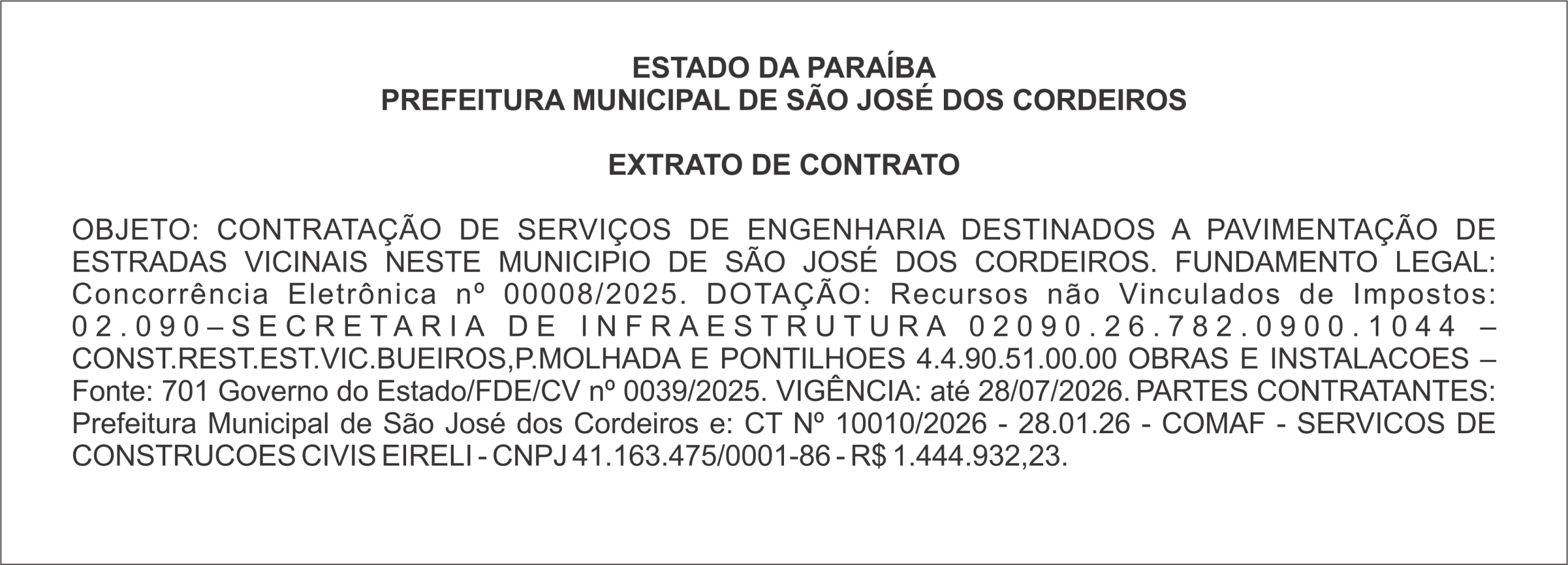 PREFEITURA MUNICIPAL DE SÃO JOSÉ DOS CORDEIROS – EXTRATO DE CONTRATO