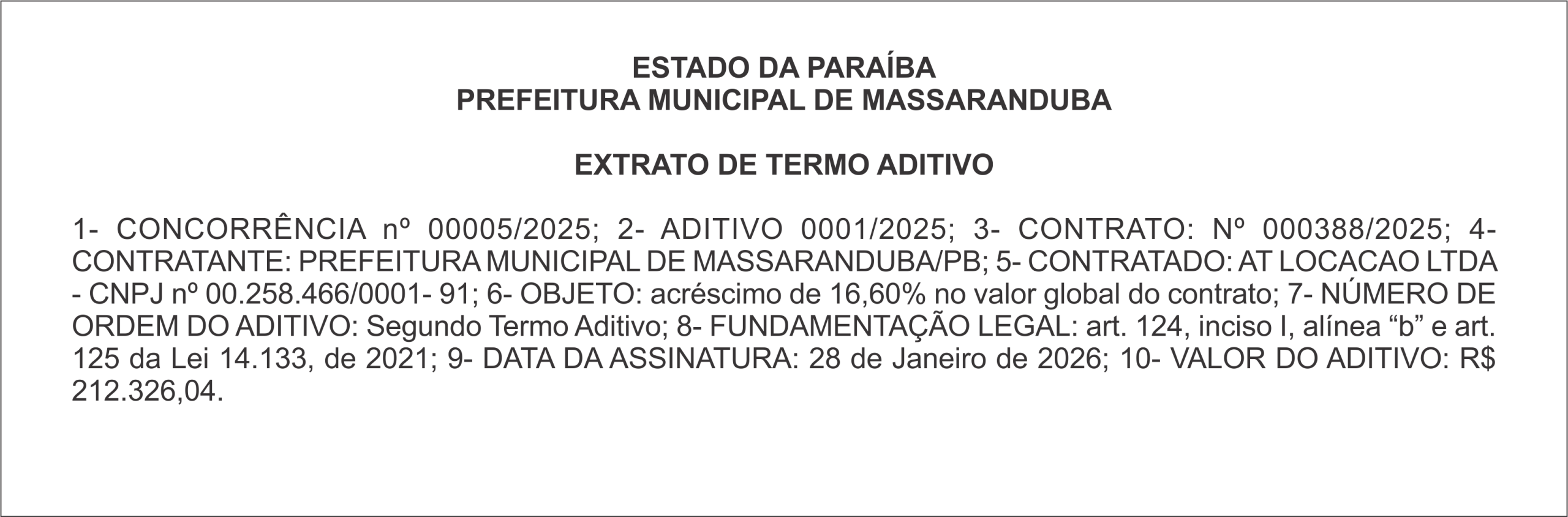 PREFEITURA DE MASSARANDUBA – EXTRATO DE TERMO ADITIVO