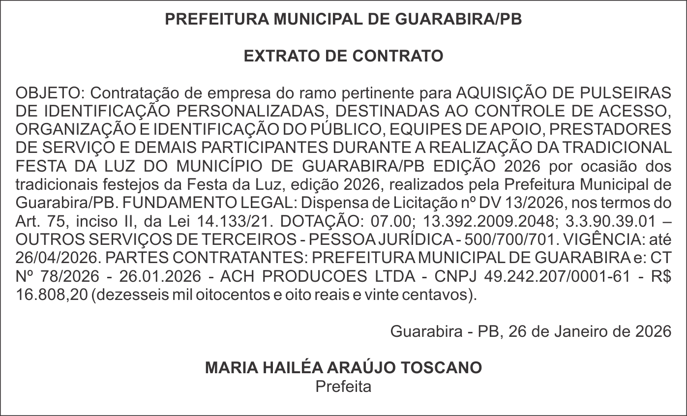 PREFEITURA MUNICIPAL DE GUARABIRA/PB – EXTRATO DE CONTRATO