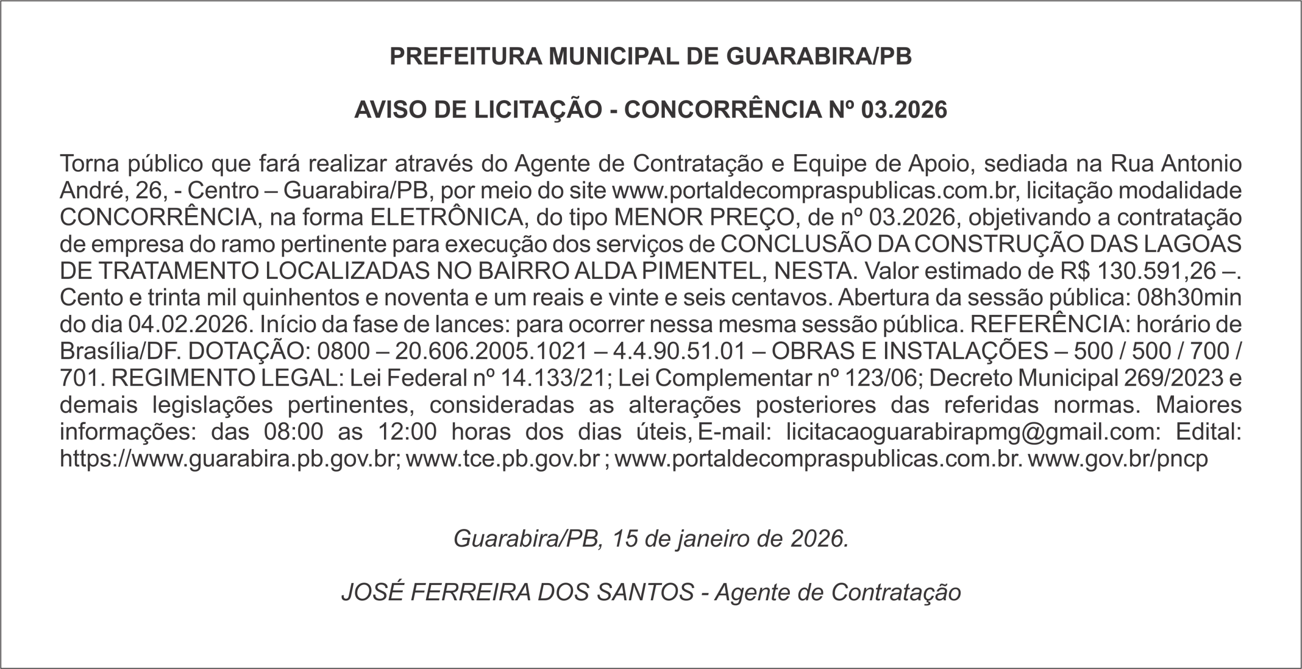PREFEITURA MUNICIPAL DE GUARABIRA/PB – AVISO DE LICITAÇÃO – CONCORRÊNCIA Nº 03.2026