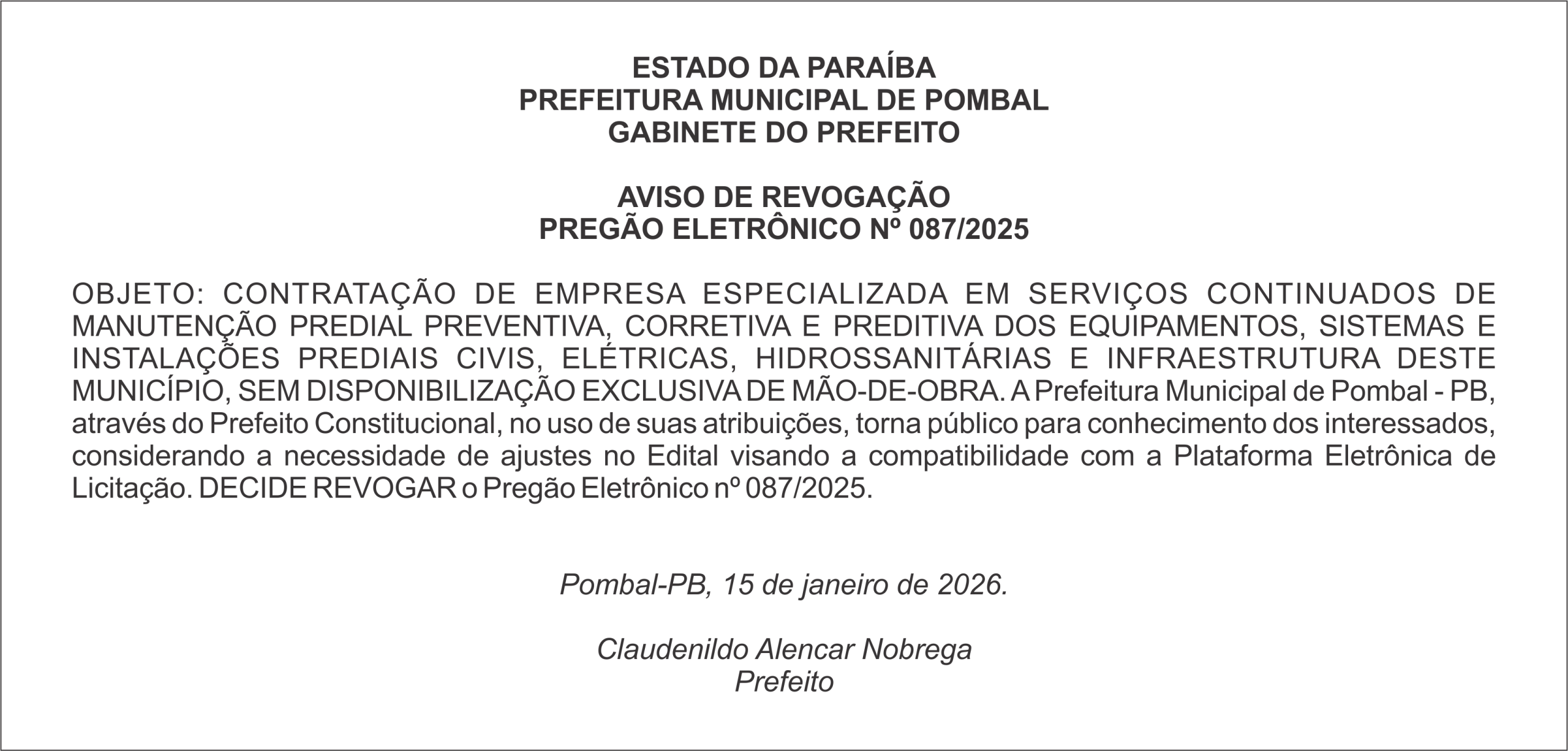 PREFEITURA MUNICIPAL DE POMBAL – AVISO DE REVOGAÇÃO – PREGÃO ELETRÔNICO Nº 087/2025