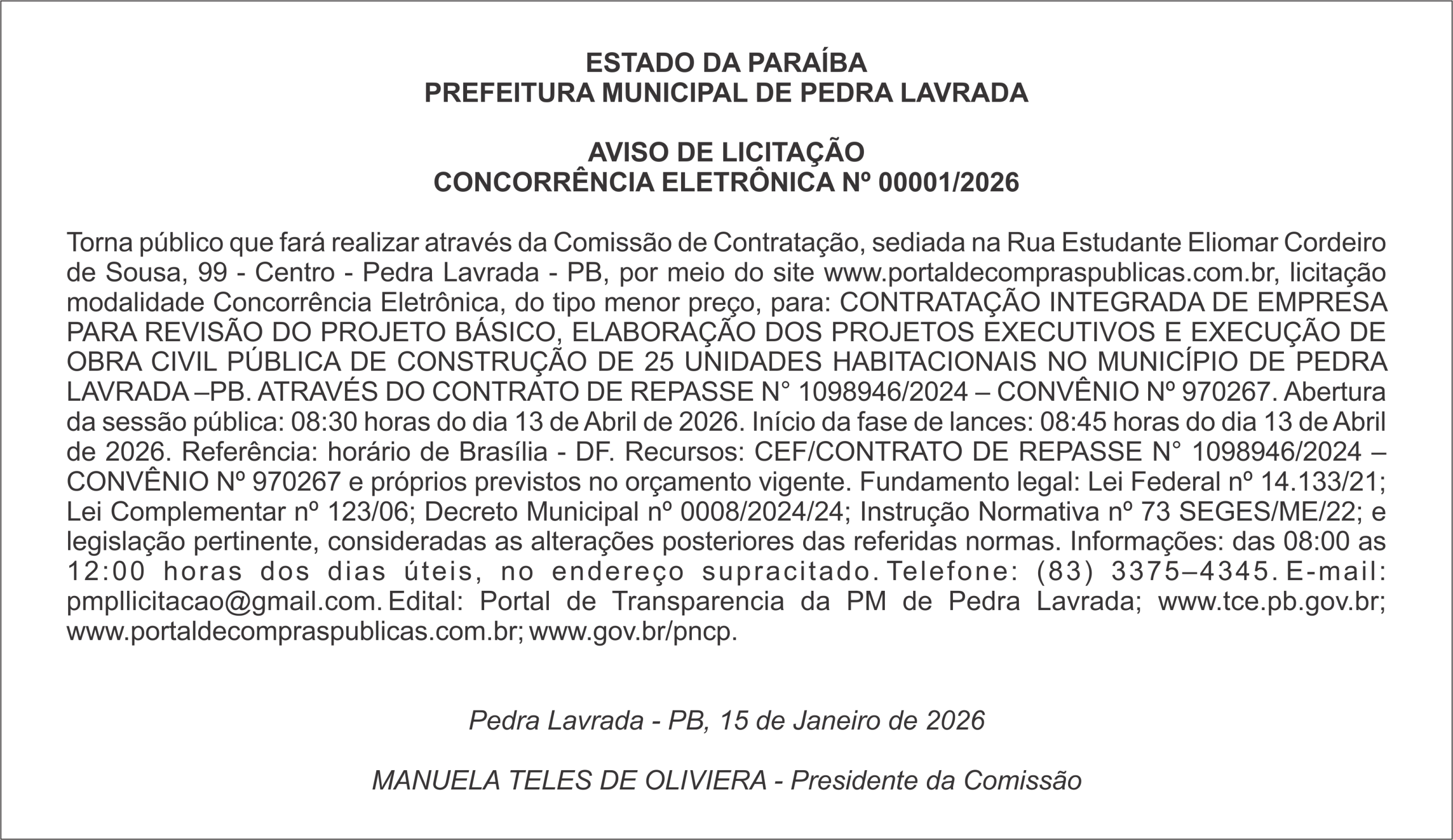 PREFEITURA MUNICIPAL DE PEDRA LAVRADA – AVISO DE LICITAÇÃO CONCORRÊNCIA ELETRÔNICA Nº 00001/2026