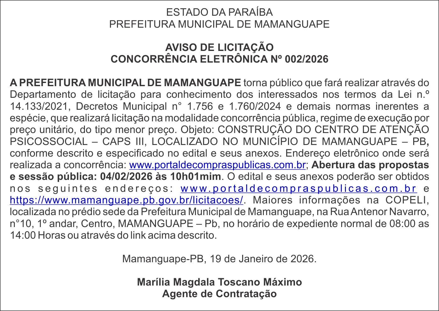 PREFEITURA MUNICIPAL DE MAMANGUAPE – AVISO DE LICITAÇÃO – CONCORRÊNCIA ELETRÔNICA Nº 002/2026