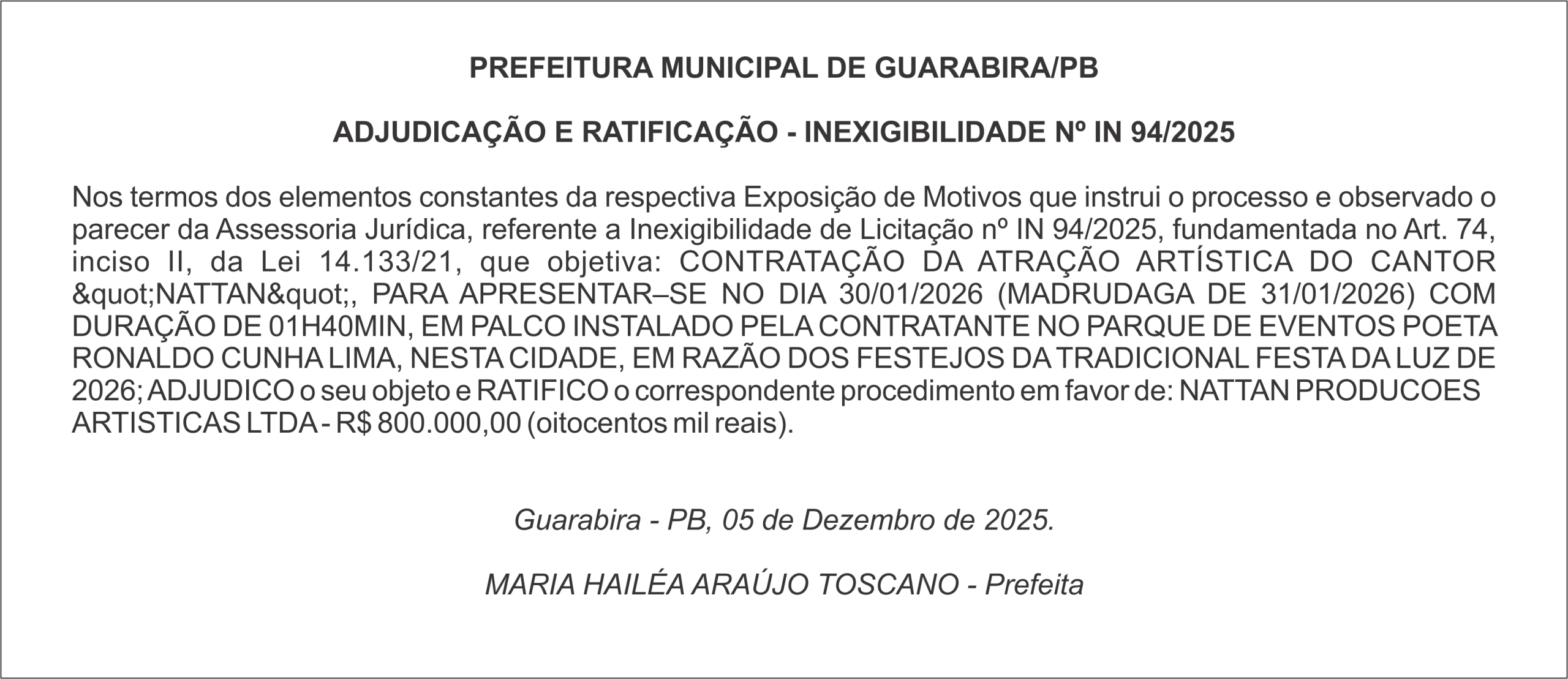 PREFEITURA MUNICIPAL DE GUARABIRA/PB – ADJUDICAÇÃO E RATIFICAÇÃO – INEXIGIBILIDADE Nº IN 94/2025