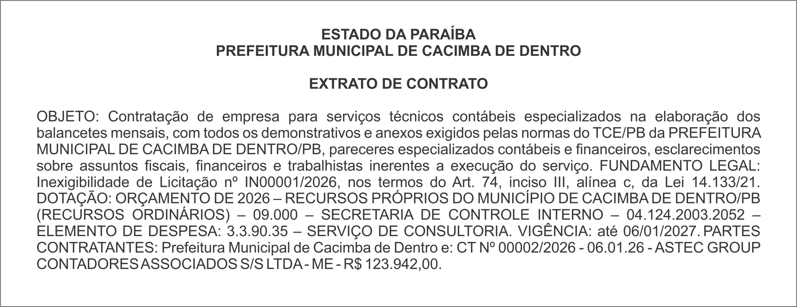 PREFEITURA MUNICIPAL DE CACIMBA DE DENTRO – EXTRATO DE CONTRATO