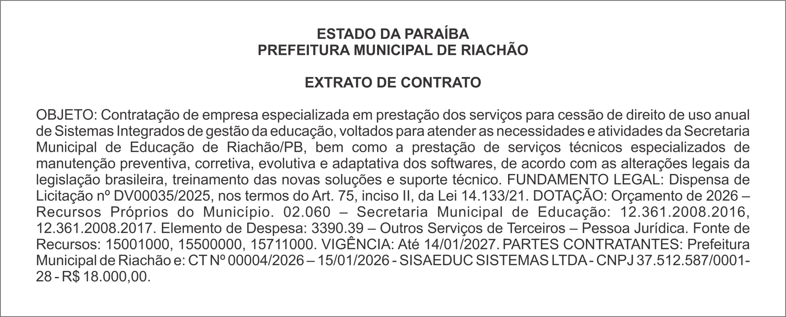 PREFEITURA MUNICIPAL DE RIACHÃO – EXTRATO DE CONTRATO