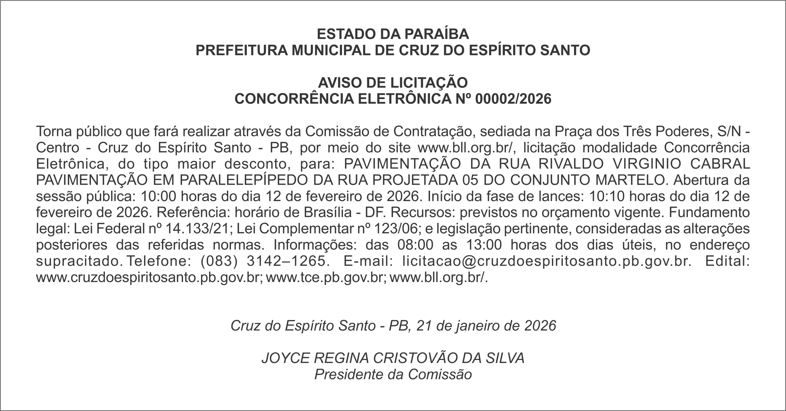 PREFEITURA MUNICIPAL DE CRUZ DO ESPÍRITO SANTO – AVISO DE LICITAÇÃO – CONCORRÊNCIA ELETRÔNICA Nº 00002/2026