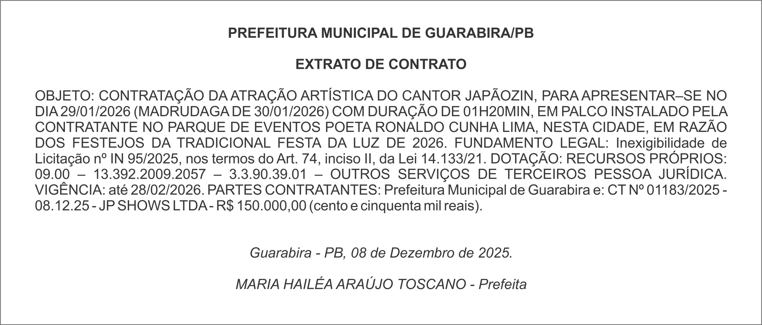 PREFEITURA MUNICIPAL DE GUARABIRA/PB – EXTRATO DE CONTRATO
