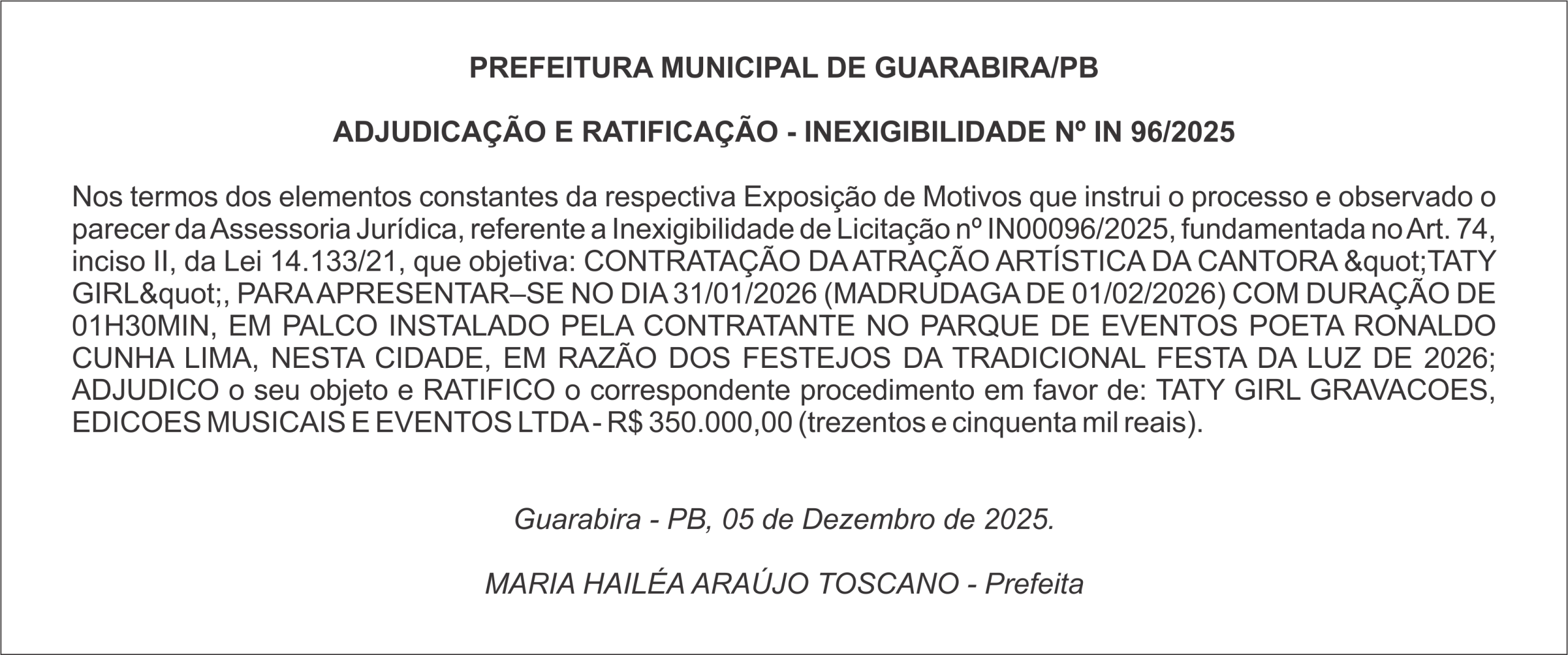 PREFEITURA MUNICIPAL DE GUARABIRA/PB – ADJUDICAÇÃO E RATIFICAÇÃO – INEXIGIBILIDADE Nº IN 96/2025