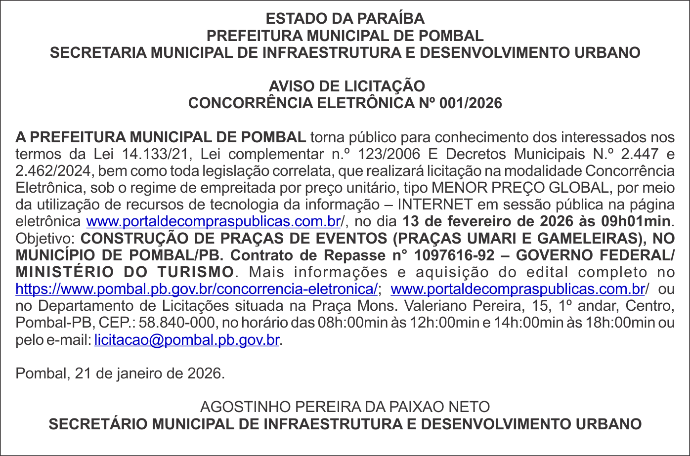 PREFEITURA MUNICIPAL DE POMBAL – AVISO DE LICITAÇÃO – CONCORRÊNCIA ELETRÔNICA Nº 001/2026