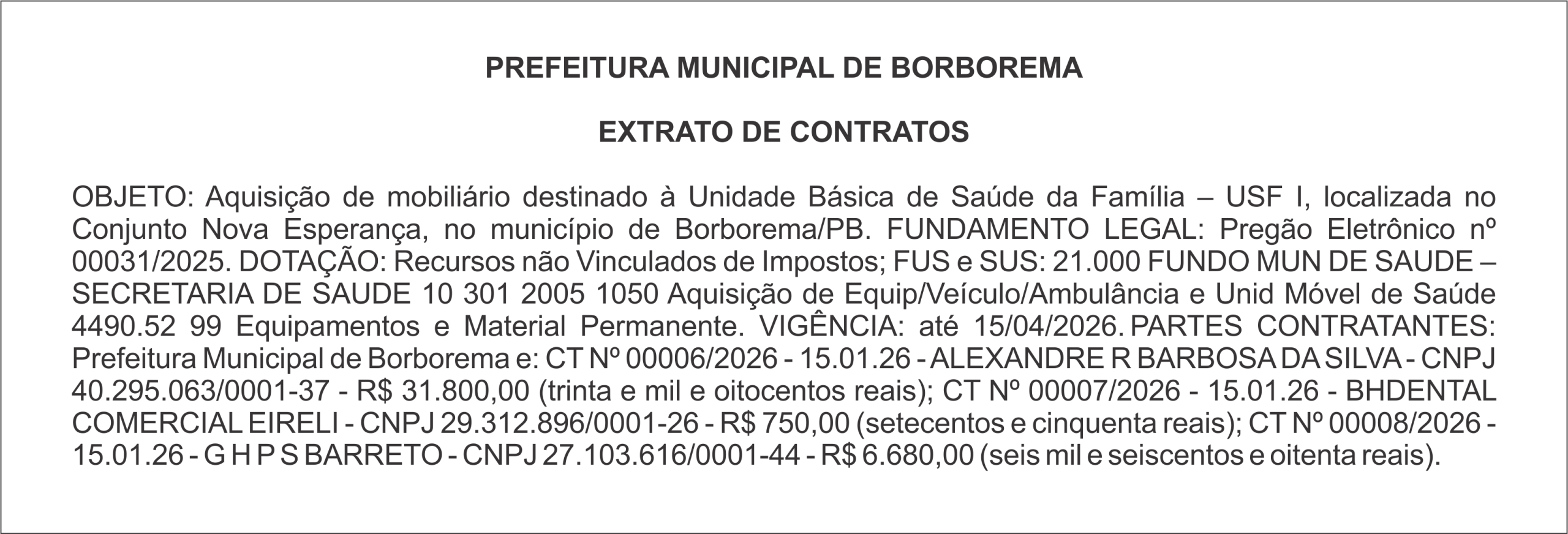 PREFEITURA MUNICIPAL DE BORBOREMA – EXTRATO DE CONTRATOS