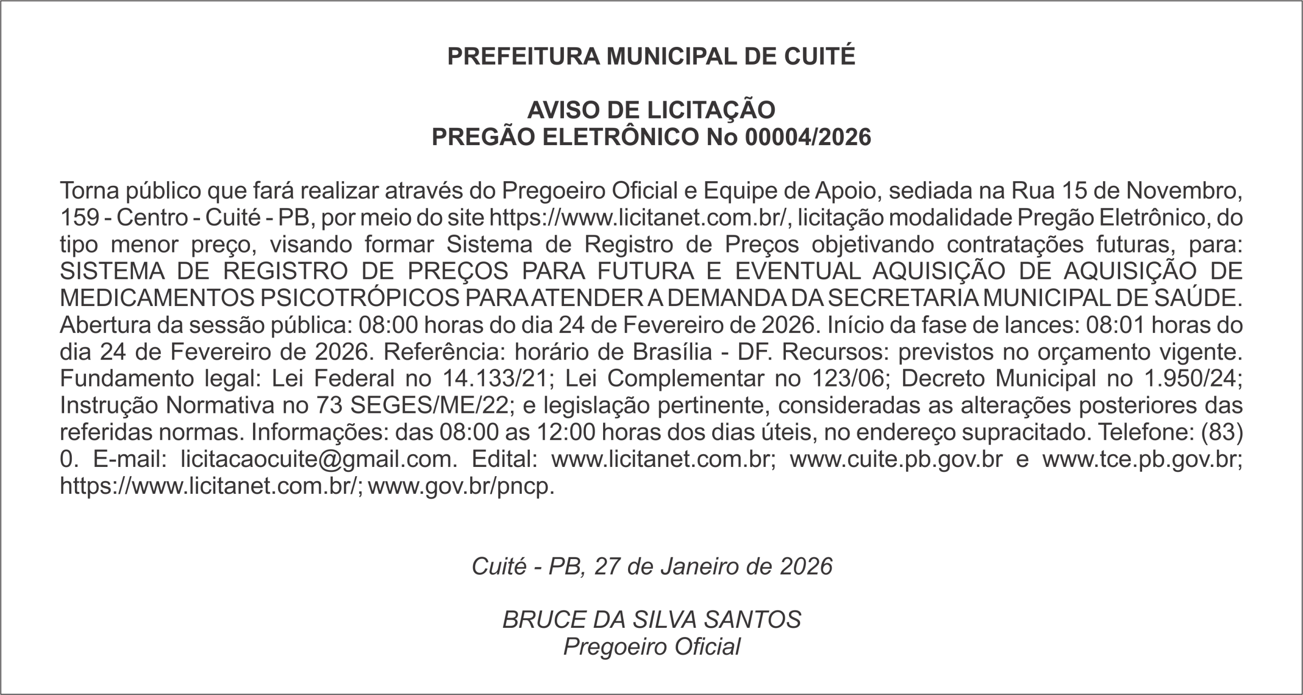PREFEITURA MUNICIPAL DE CUITÉ-  AVISO DE LICITAÇÃO PREGÃO ELETRÔNICO No 00004/2026