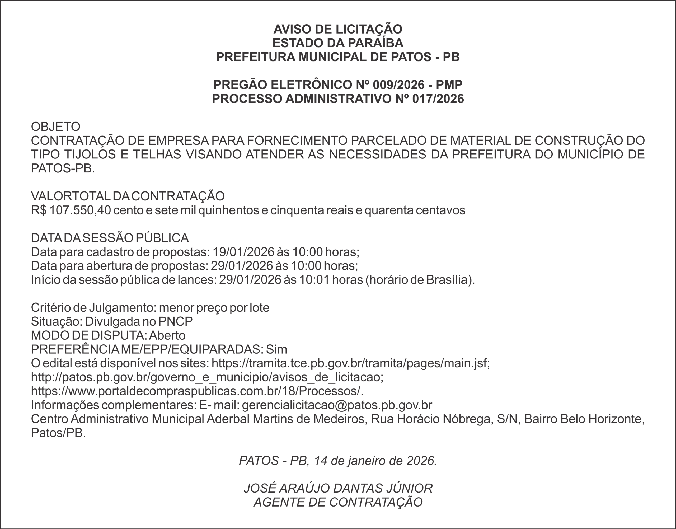 PREFEITURA MUNICIPAL DE PATOS – PB – PREGÃO ELETRÔNICO Nº 009/2026 – PMP