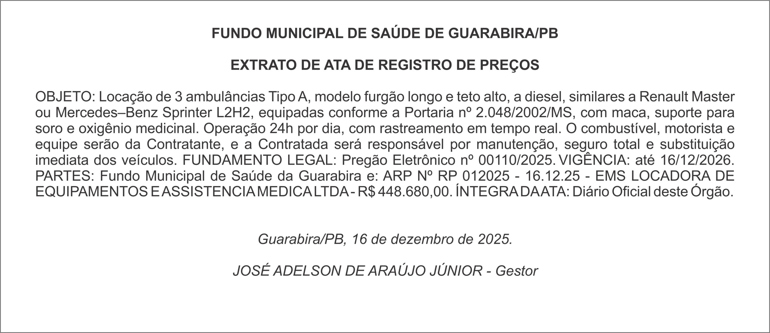 FUNDO MUNICIPAL DE SAÚDE DE GUARABIRA/PB – EXTRATO DE ATA DE REGISTRO DE PREÇOS