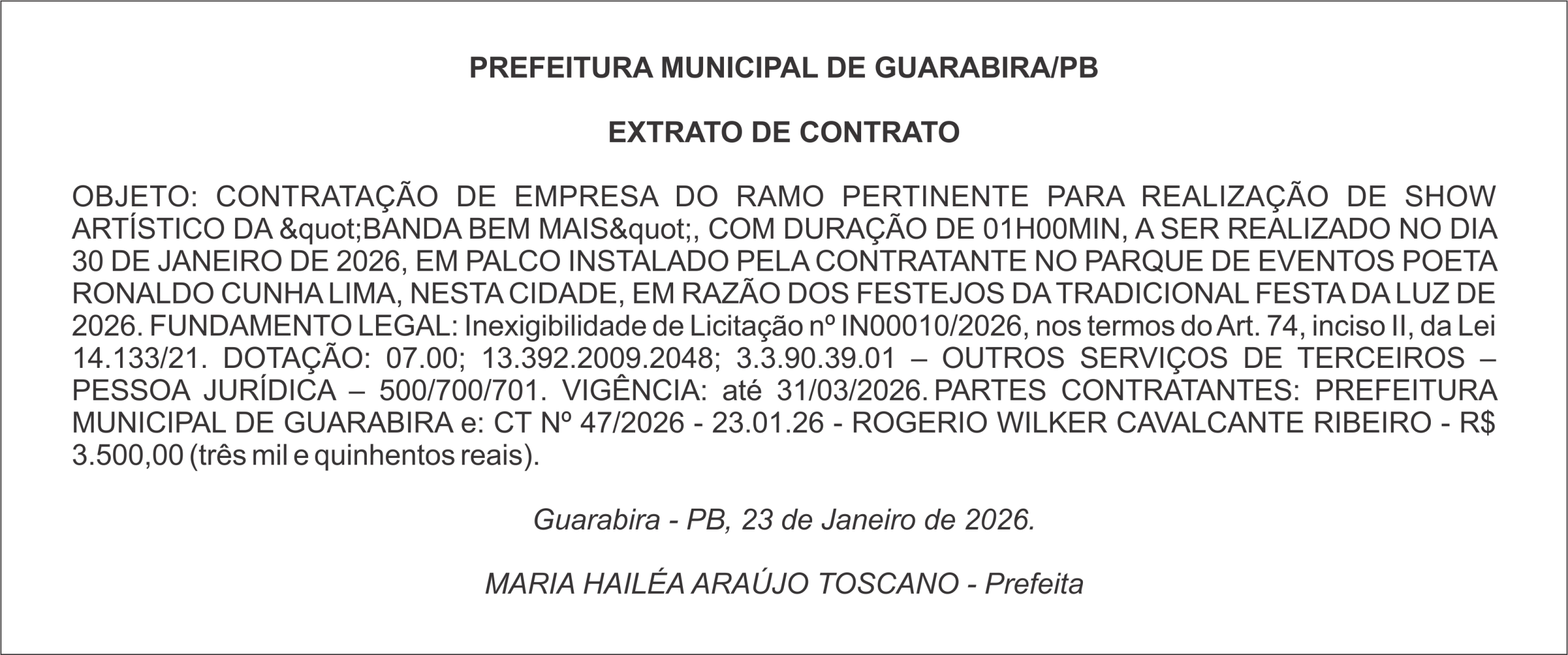 PREFEITURA MUNICIPAL DE GUARABIRA/PB – EXTRATO DE CONTRATO