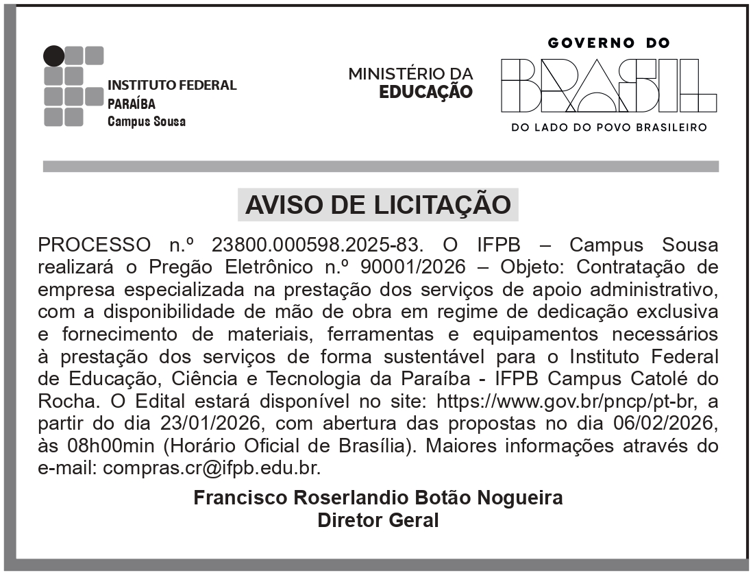 IFPB – PB – SOUSA – CAMPUS – AVISO DE LICITAÇÃO -Pregão Eletrônico No 90001/2026