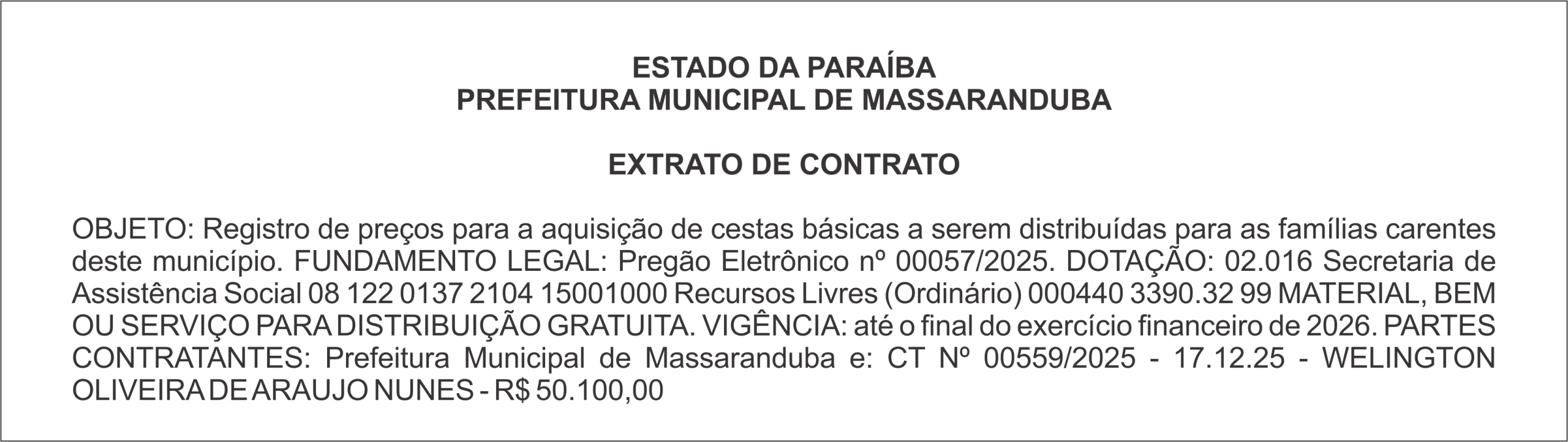 PREFEITURA MUNICIPAL DE MASSARANDUBA – EXTRATO DE CONTRATO