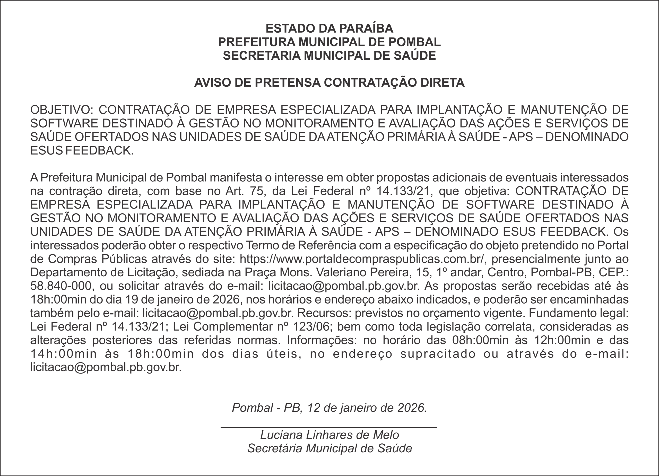 PREFEITURA MUNICIPAL DE POMBAL -AVISO DE PRETENSA CONTRATAÇÃO DIRETA