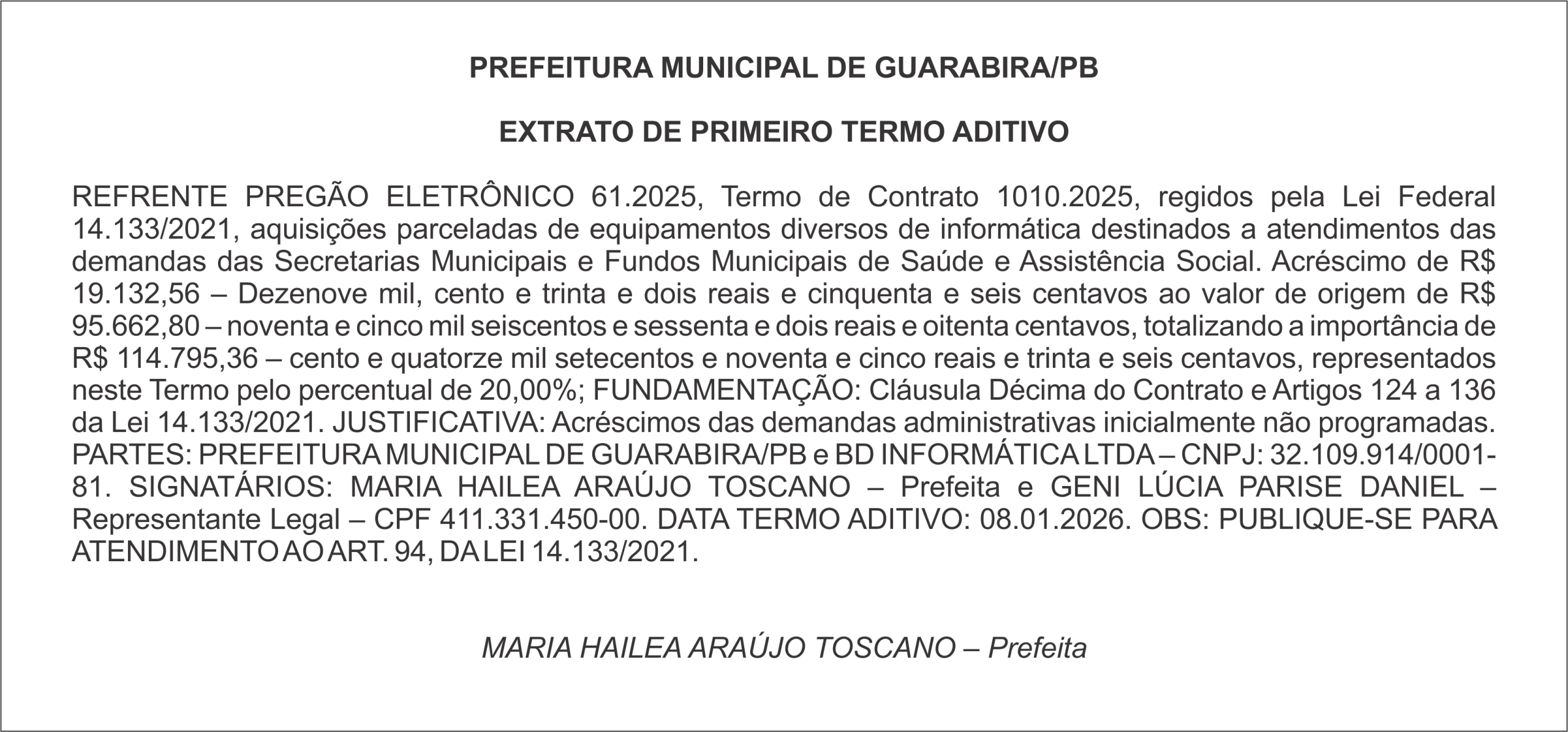 PREFEITURA MUNICIPAL DE GUARABIRA/PB EXTRATO DE PRIMEIRO TERMO ADITIVO