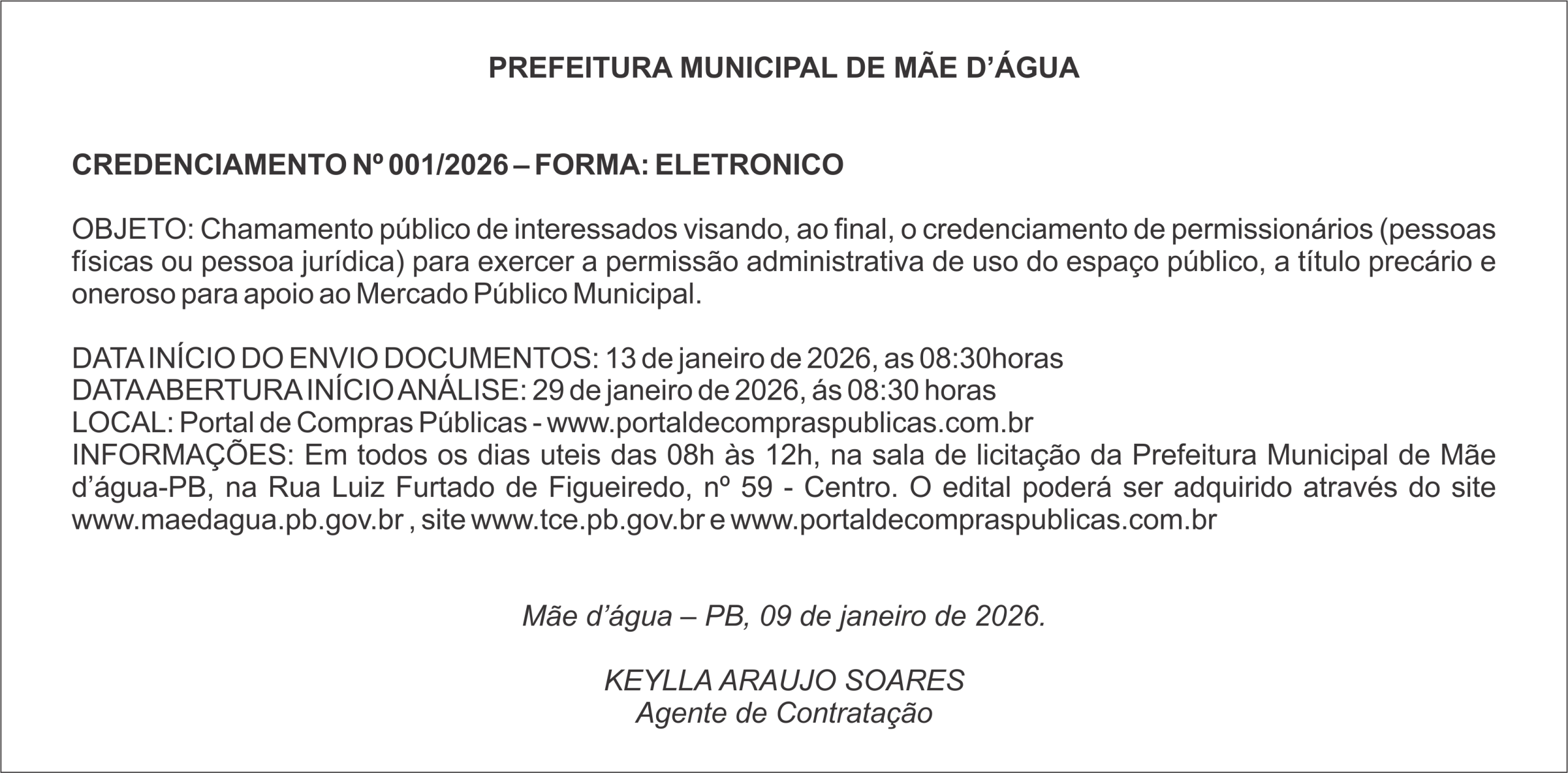 PREFEITURA MUNICIPAL DE MÃE D’ÁGUA – CREDENCIAMENTO Nº 001/2026
