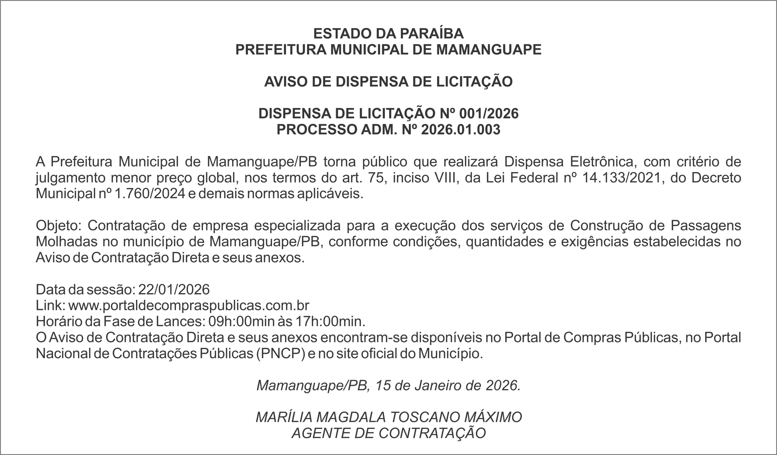 PREFEITURA MUNICIPAL DE MAMANGUAPE – AVISO DE DISPENSA DE LICITAÇÃO – DISPENSA DE LICITAÇÃO Nº 001/2026
