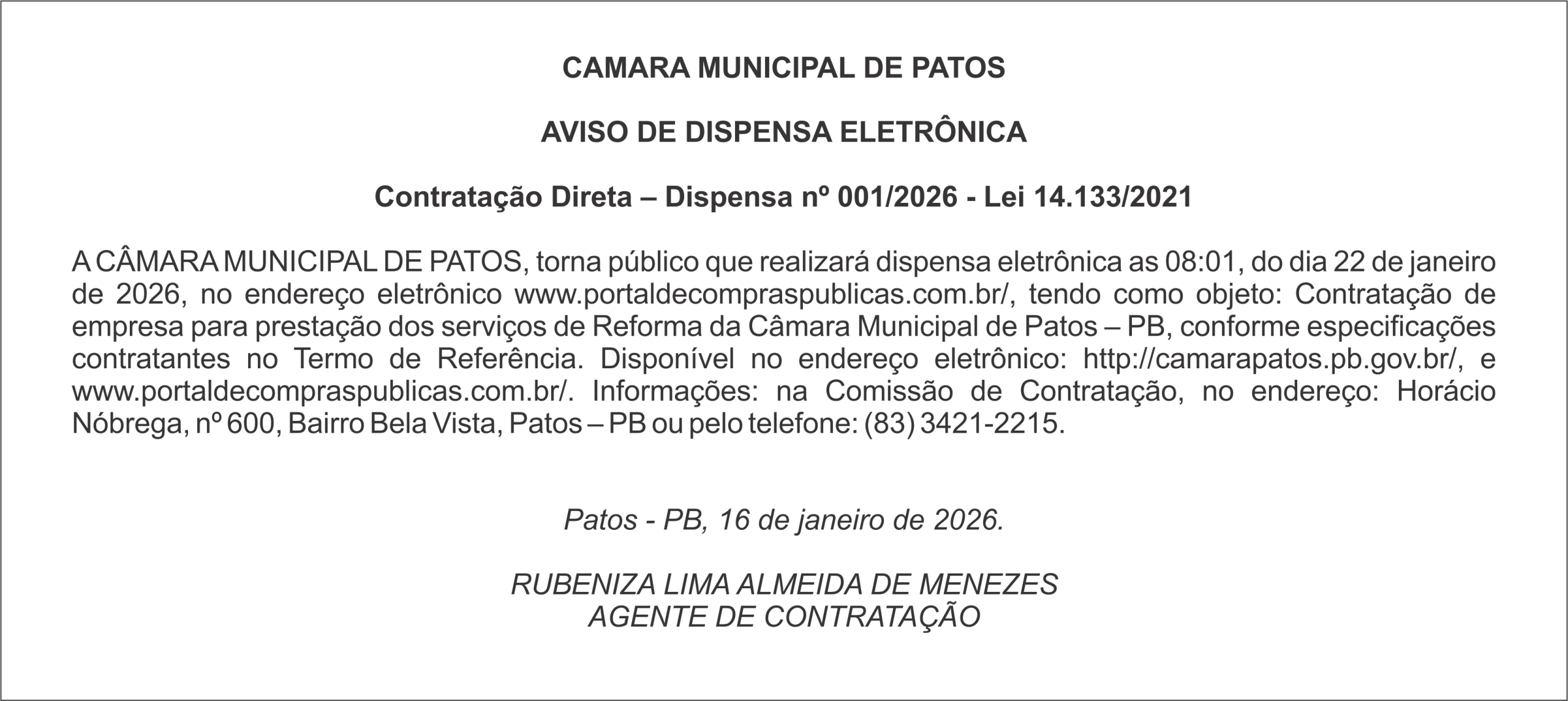 CAMARA MUNICIPAL DE PATOS – AVISO DE DISPENSA ELETRÔNICA
