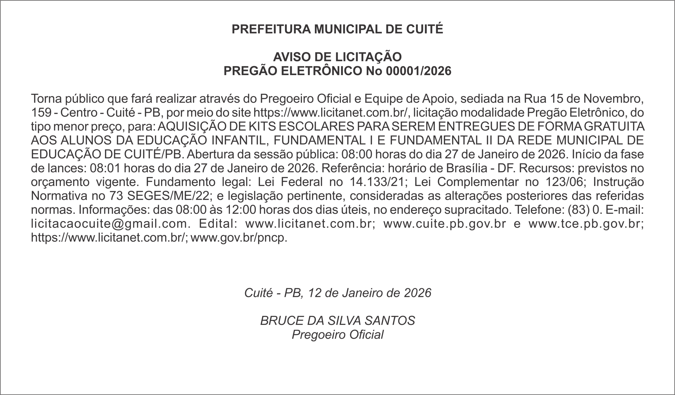 PREFEITURA MUNICIPAL DE CUITÉ – AVISO DE LICITAÇÃO PREGÃO ELETRÔNICO No 00001/2026