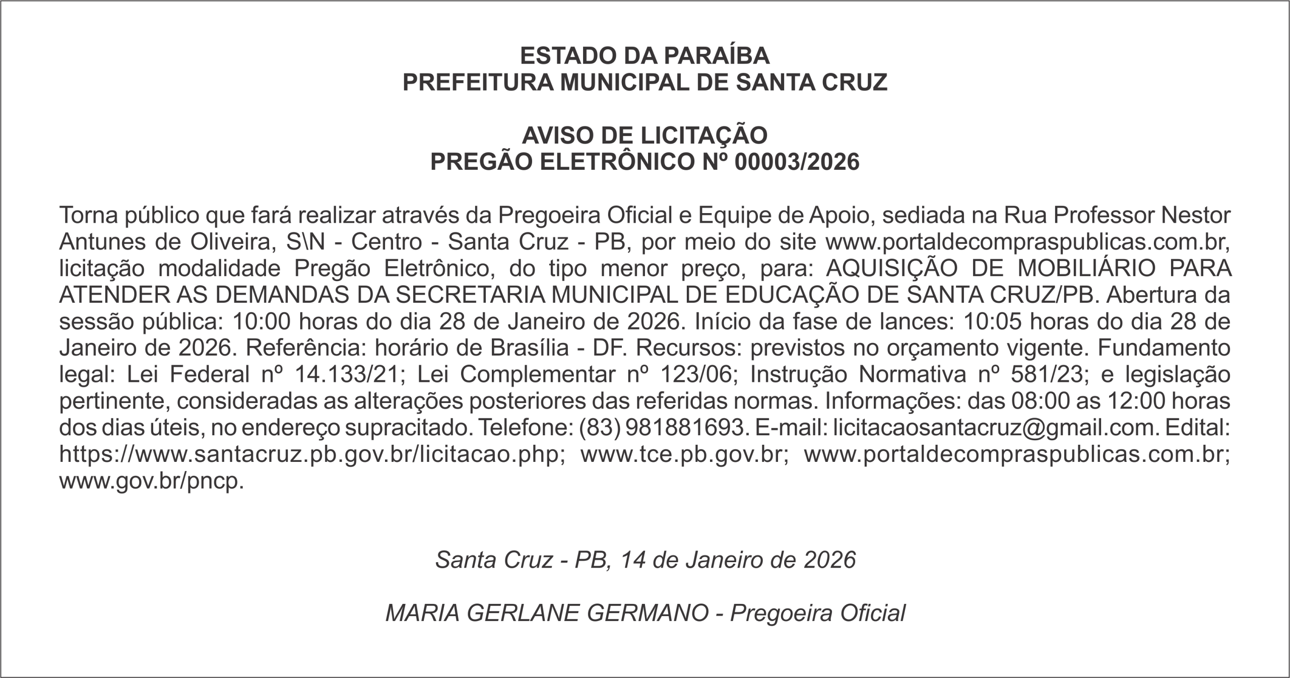 PREFEITURA MUNICIPAL DE SANTA CRUZ – AVISO DE LICITAÇÃO – PREGÃO ELETRÔNICO Nº 00003/2026