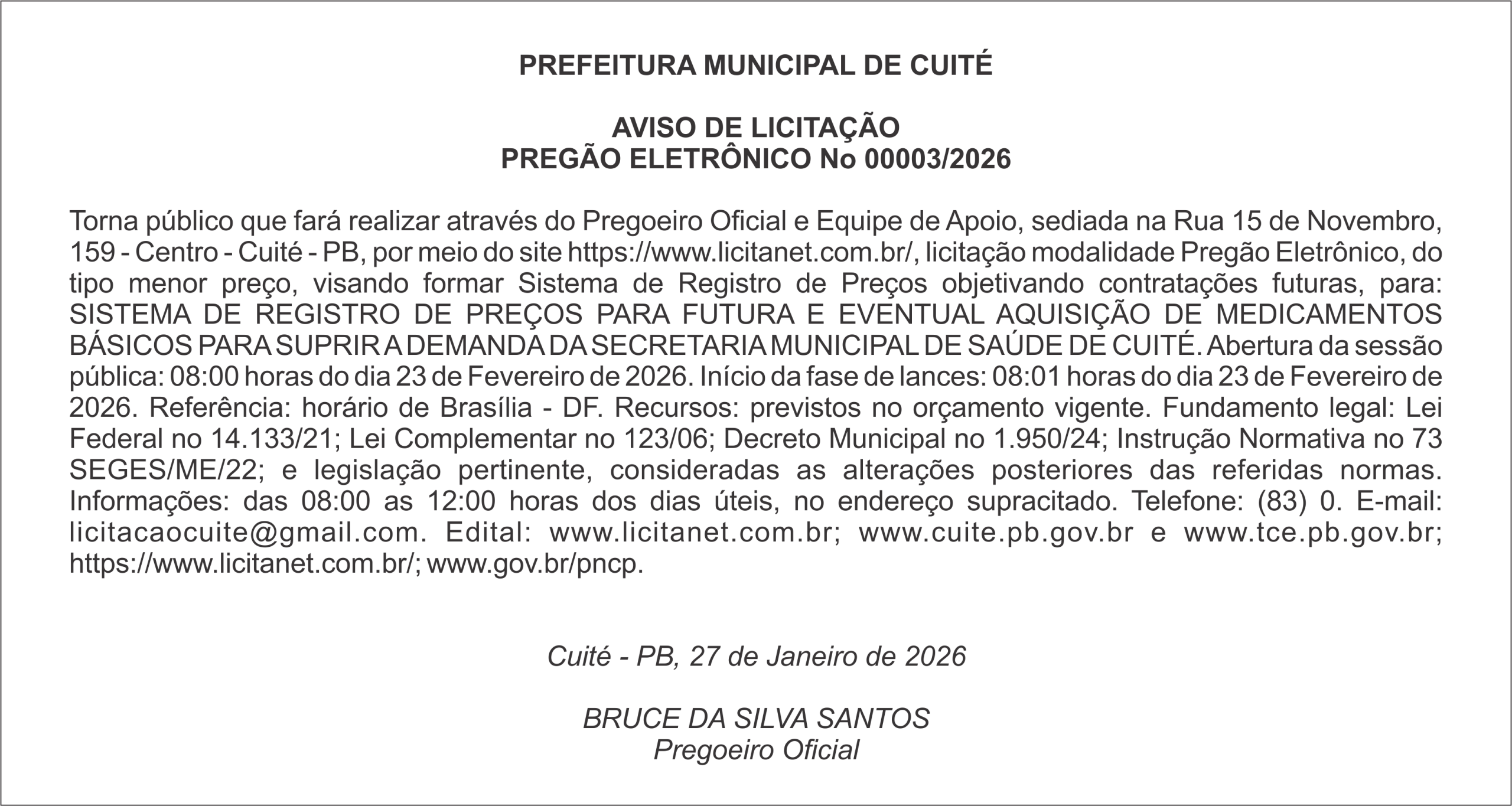 PREFEITURA MUNICIPAL DE CUITÉ AVISO DE LICITAÇÃO PREGÃO ELETRÔNICO No 00003/2026