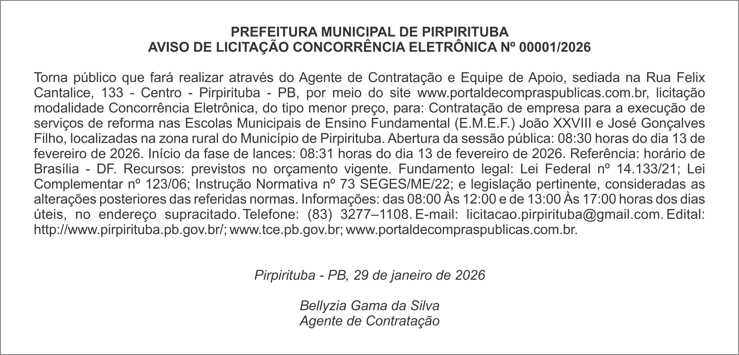 PREFEITURA MUNICIPAL DE PIRPIRITUBA – AVISO DE LICITAÇÃO CONCORRÊNCIA ELETRÔNICA Nº 00001/2026