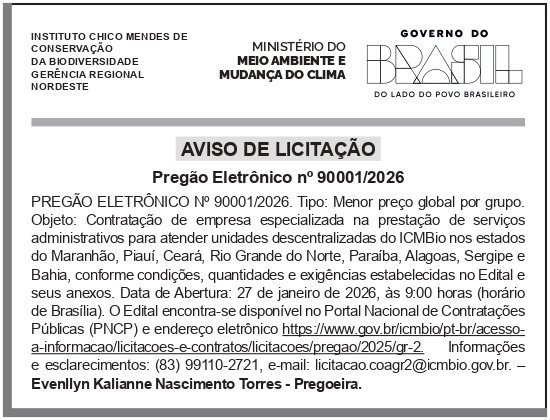 ICMBIO – DF – SEDE – Pregão Eletrônico no 90001/2026- Gerência Regional Nordeste