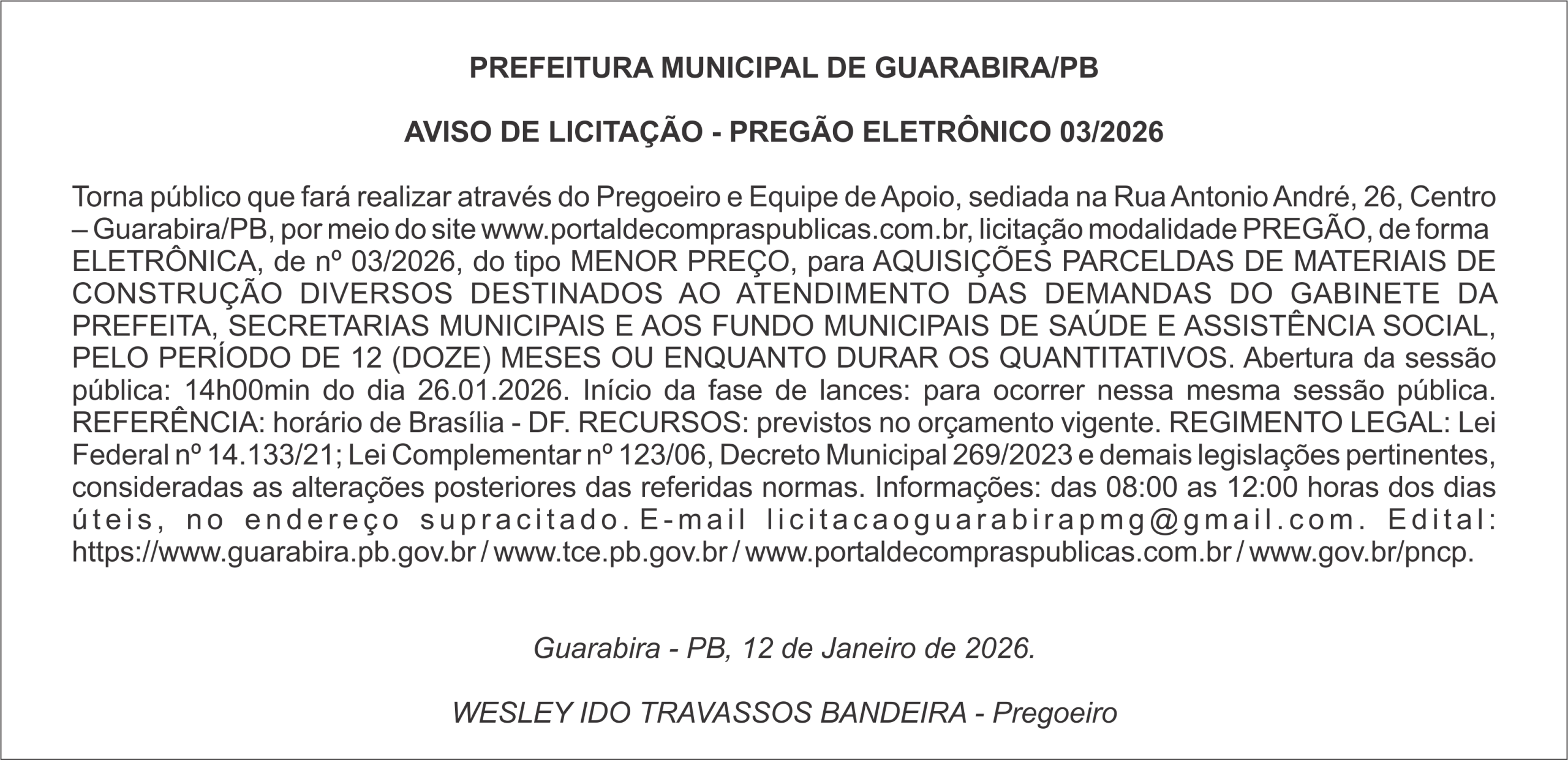 PREFEITURA MUNICIPAL DE GUARABIRA/PB AVISO DE LICITAÇÃO – PREGÃO ELETRÔNICO 03/2026