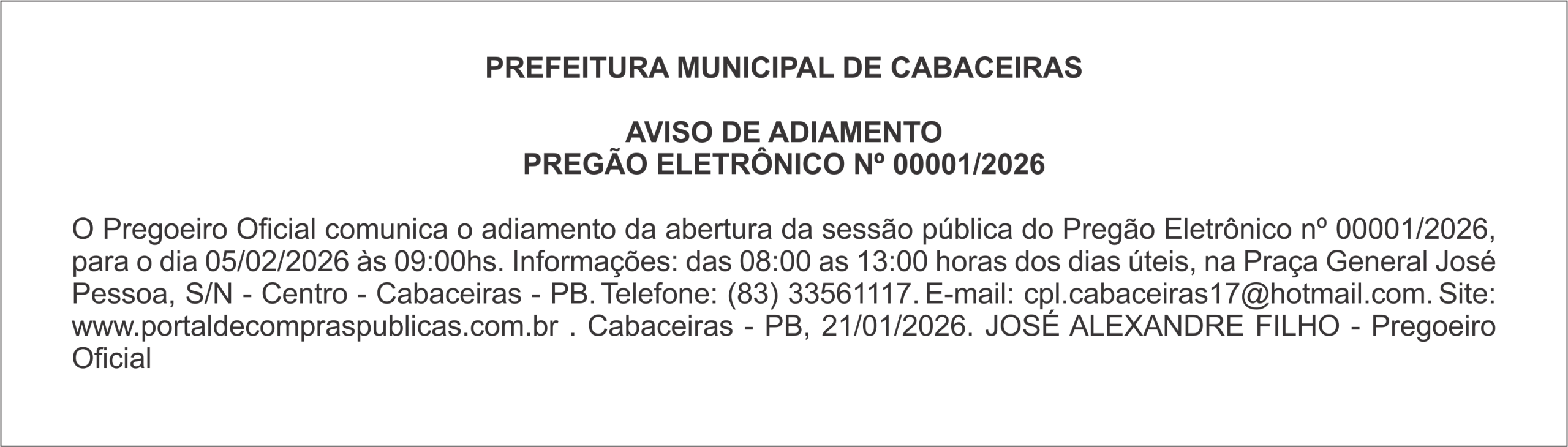 PREFEITURA MUNICIPAL DE CABACEIRAS – AVISO DE ADIAMENTO – PREGÃO ELETRÔNICO Nº 00001/2026