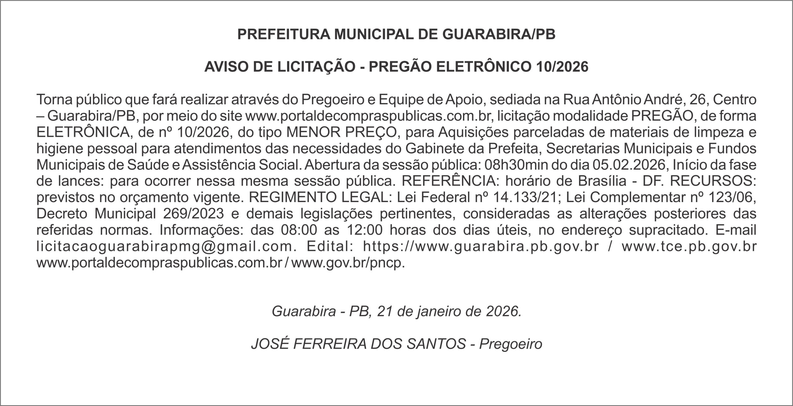 PREFEITURA MUNICIPAL DE GUARABIRA/PB- AVISO DE LICITAÇÃO – PREGÃO ELETRÔNICO 10/2026